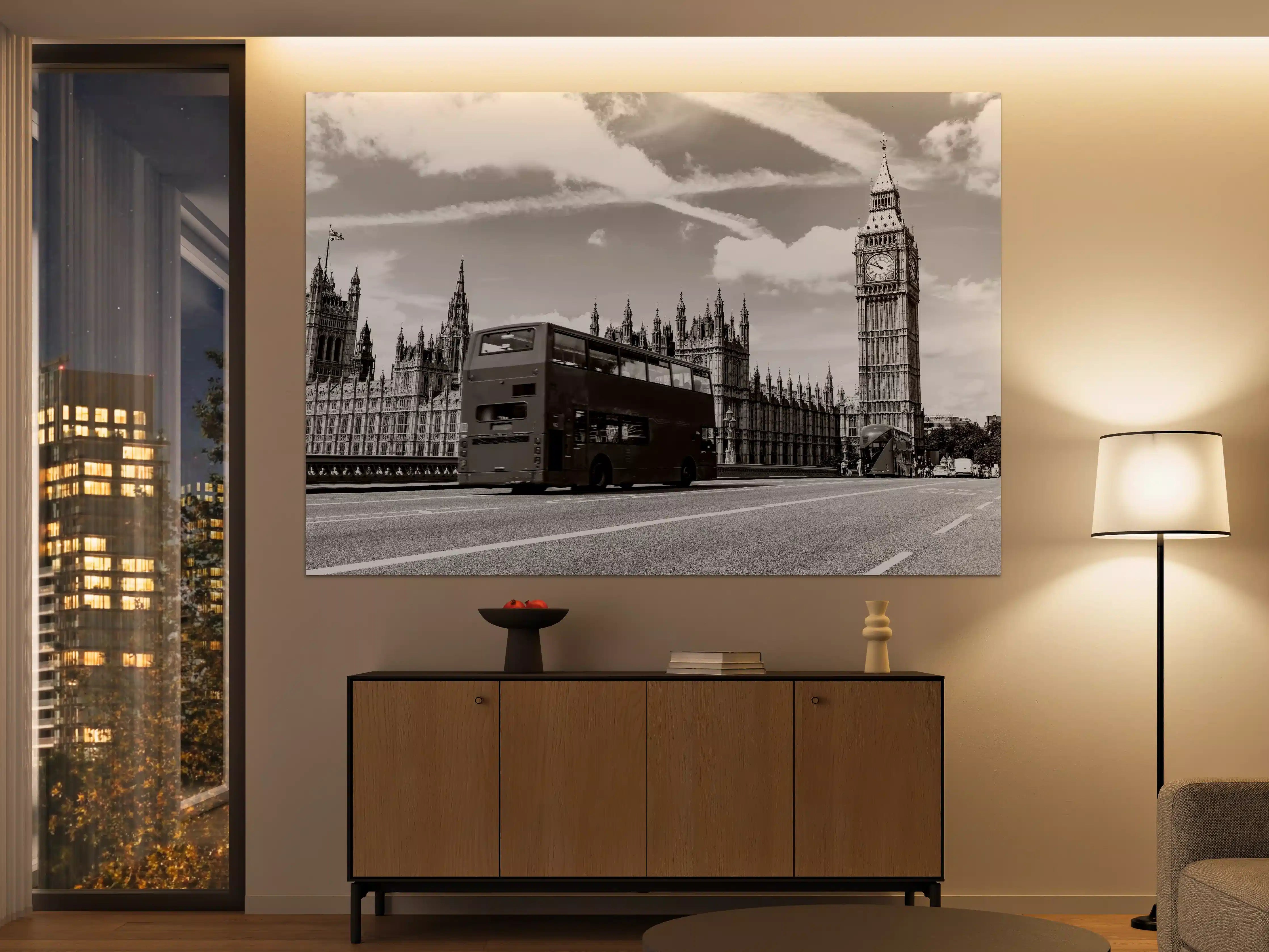 Große Wandbilder - Londoner Straßenszene mit Bus und Big Ben in Schwarz-Weiß