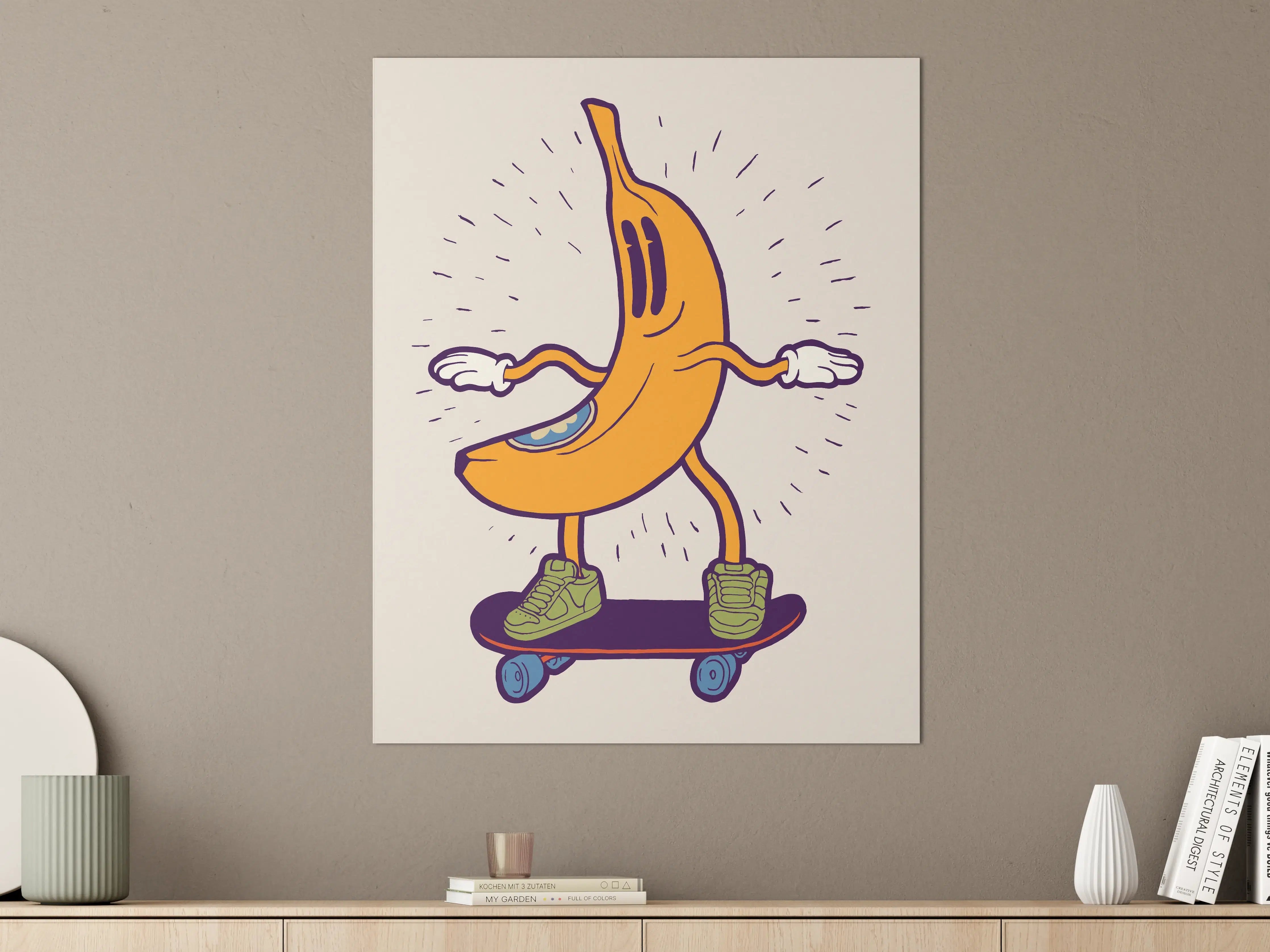 Große Wandbilder - Lustige Bananen-Comic-Illustration mit Skateboard