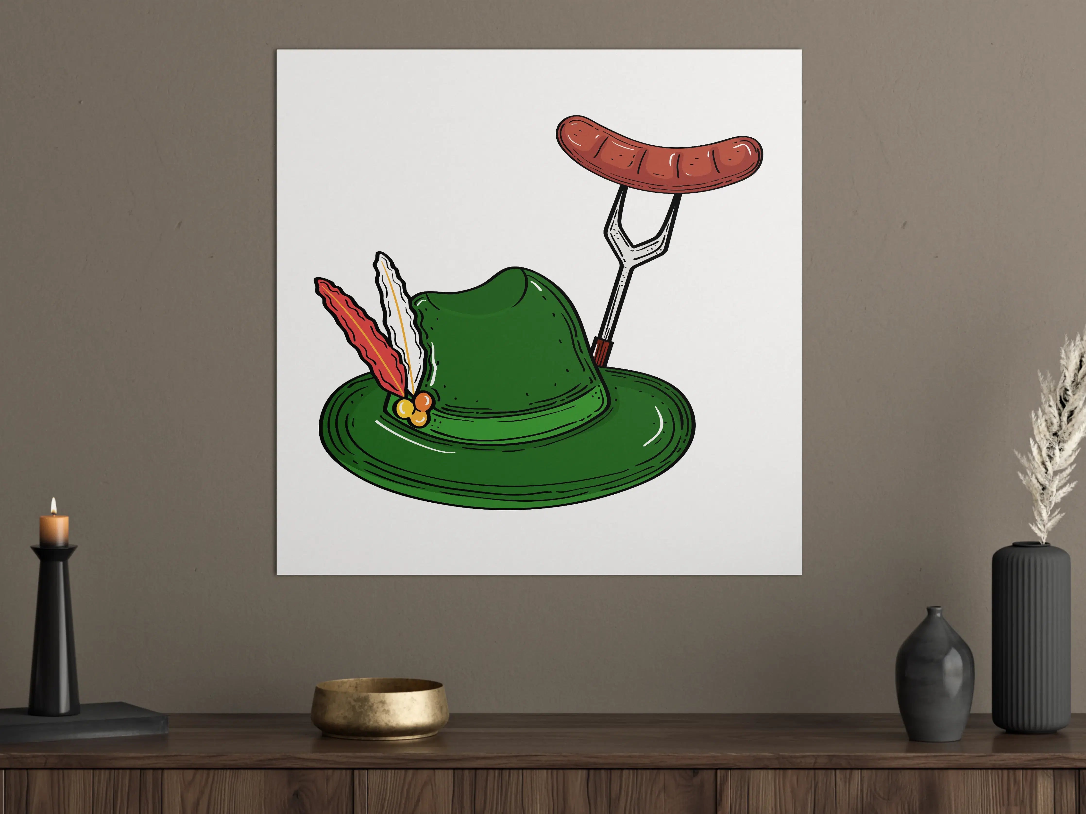 Große Wandbilder - Lustige grüne Hut mit Wurst und Messer