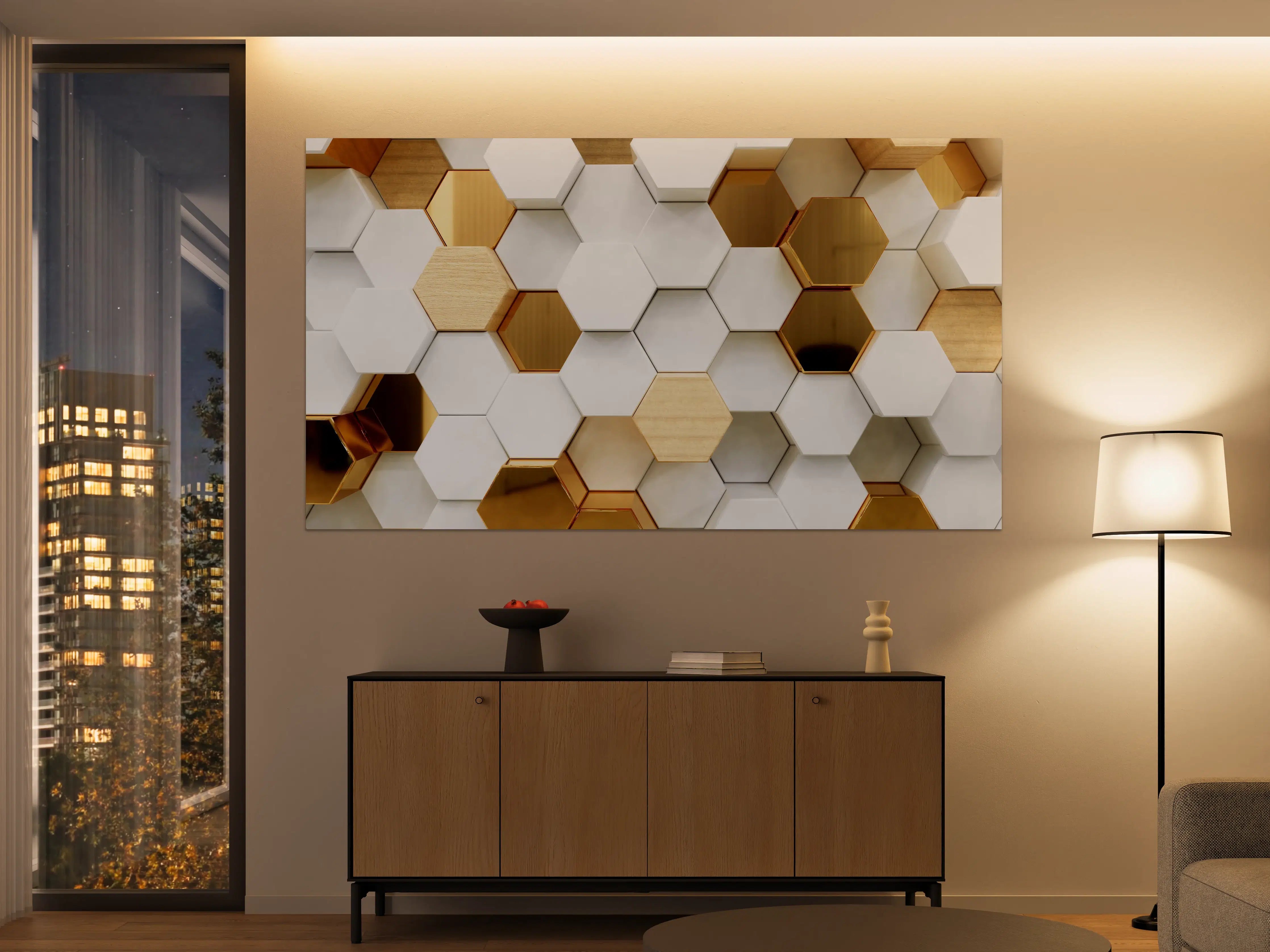 Große Wandbilder - Luxuriöser Weiß-Gold-Hexagon-Hintergrund