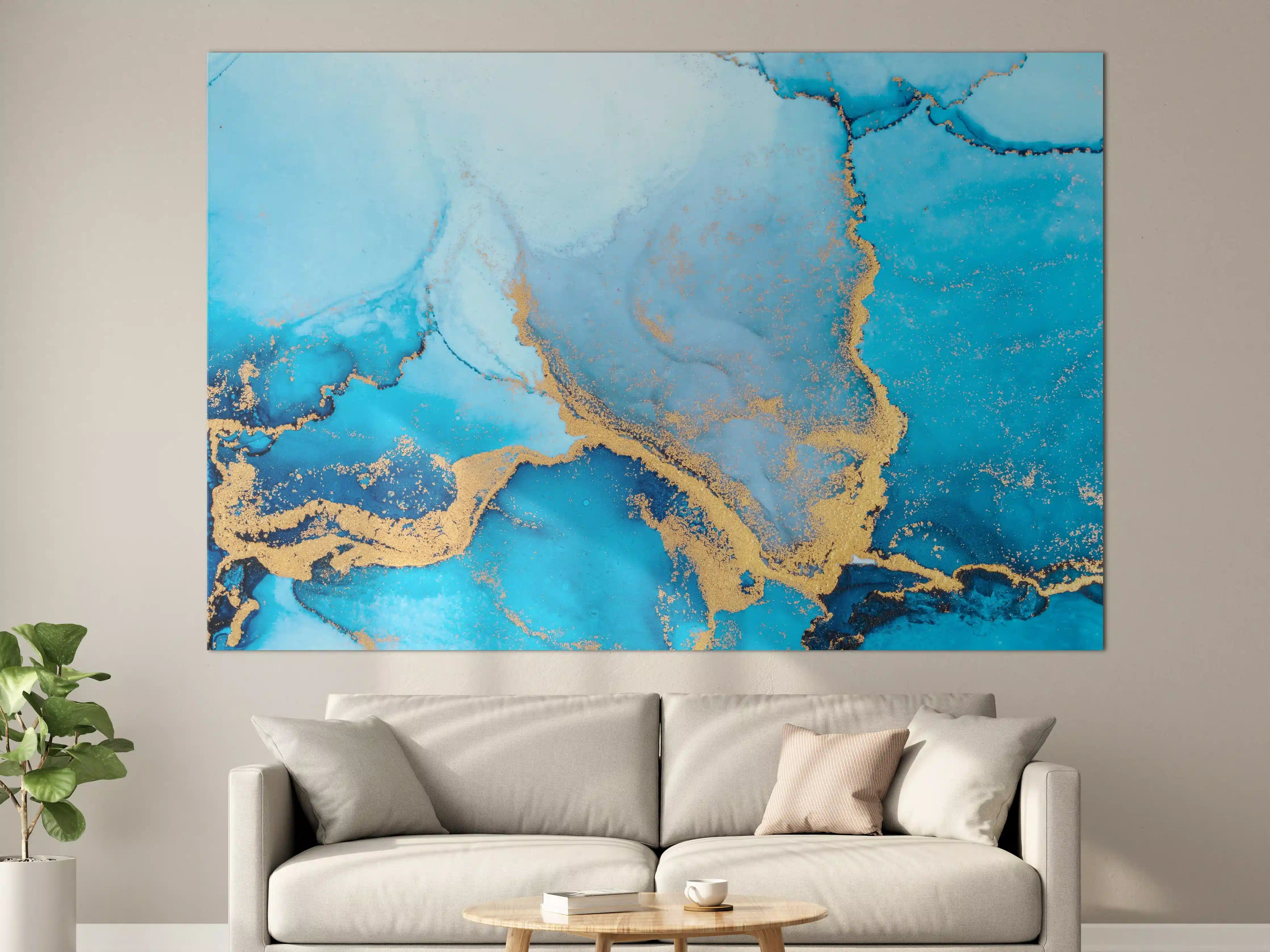 Große Wandbilder - Luxus blau mit goldenem Stich - Tintenmalerei