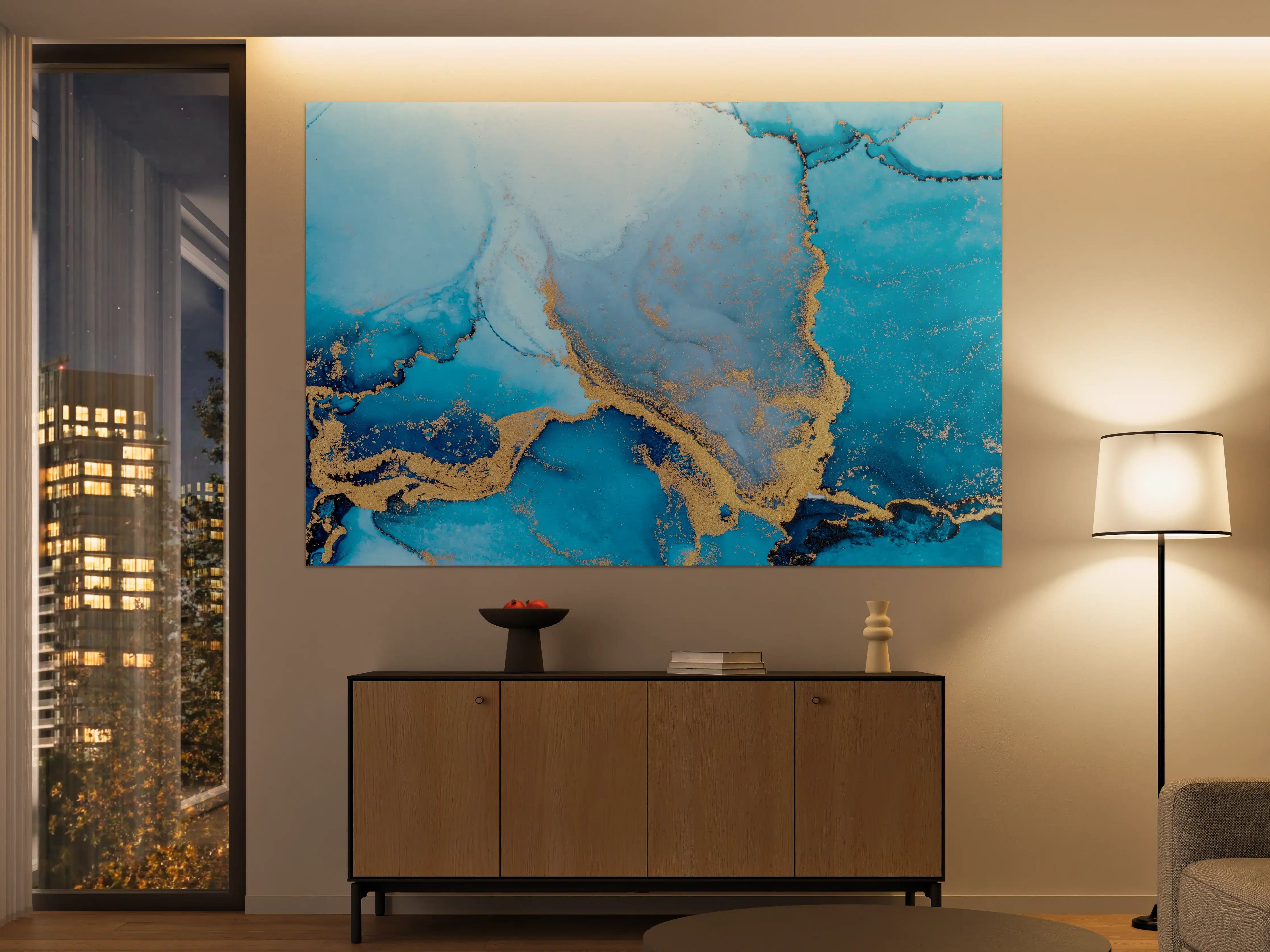 Große Wandbilder - Luxus blau mit goldenem Stich - Tintenmalerei