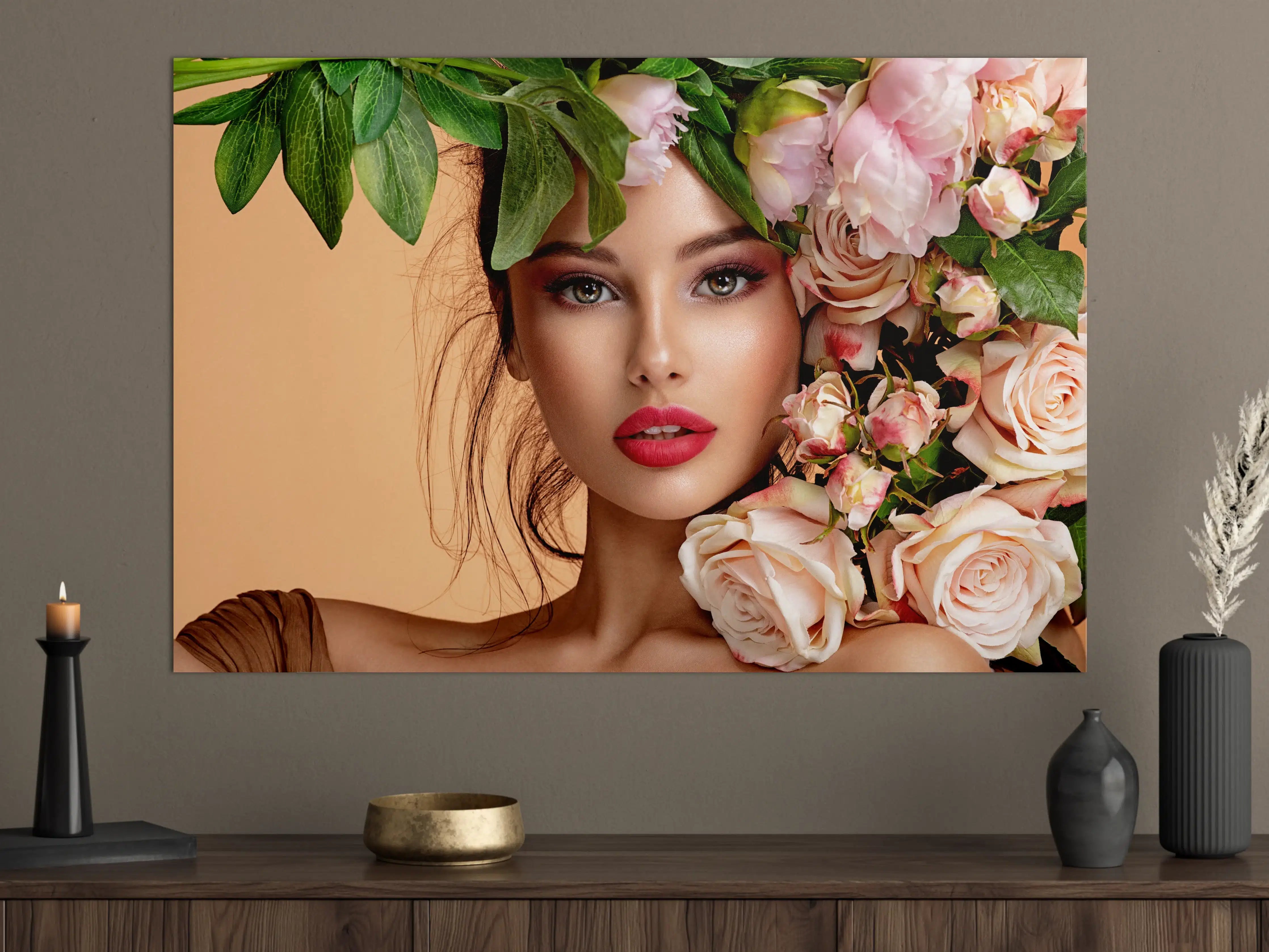 Große Wandbilder - Mädchen mit Rosen auf dem Kopf