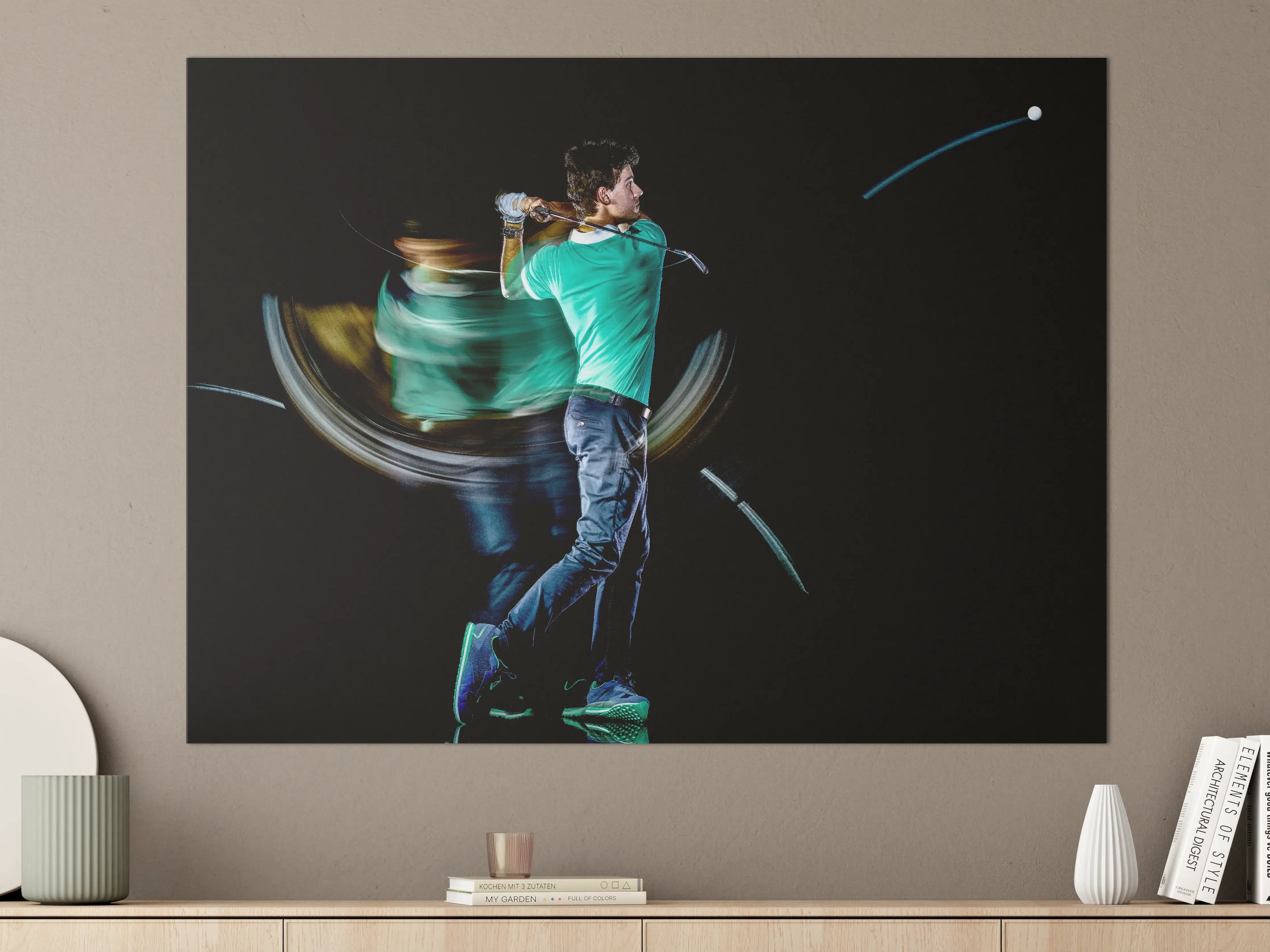 Große Wandbilder - Männlicher Golfer auf Schwarzem Hintergrund