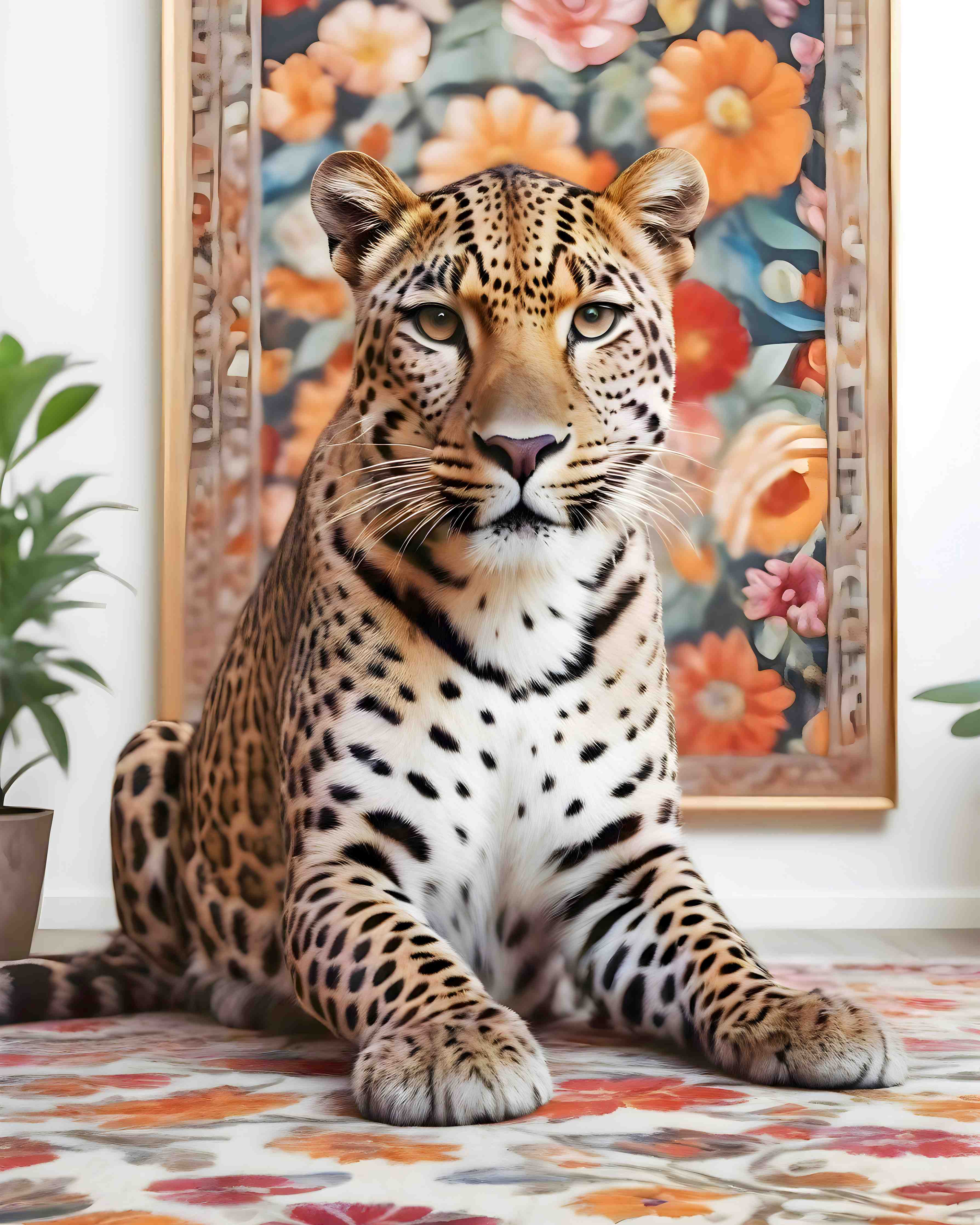 Große Wandbilder-Majestätischer Leopard vor bunter Blumenwand