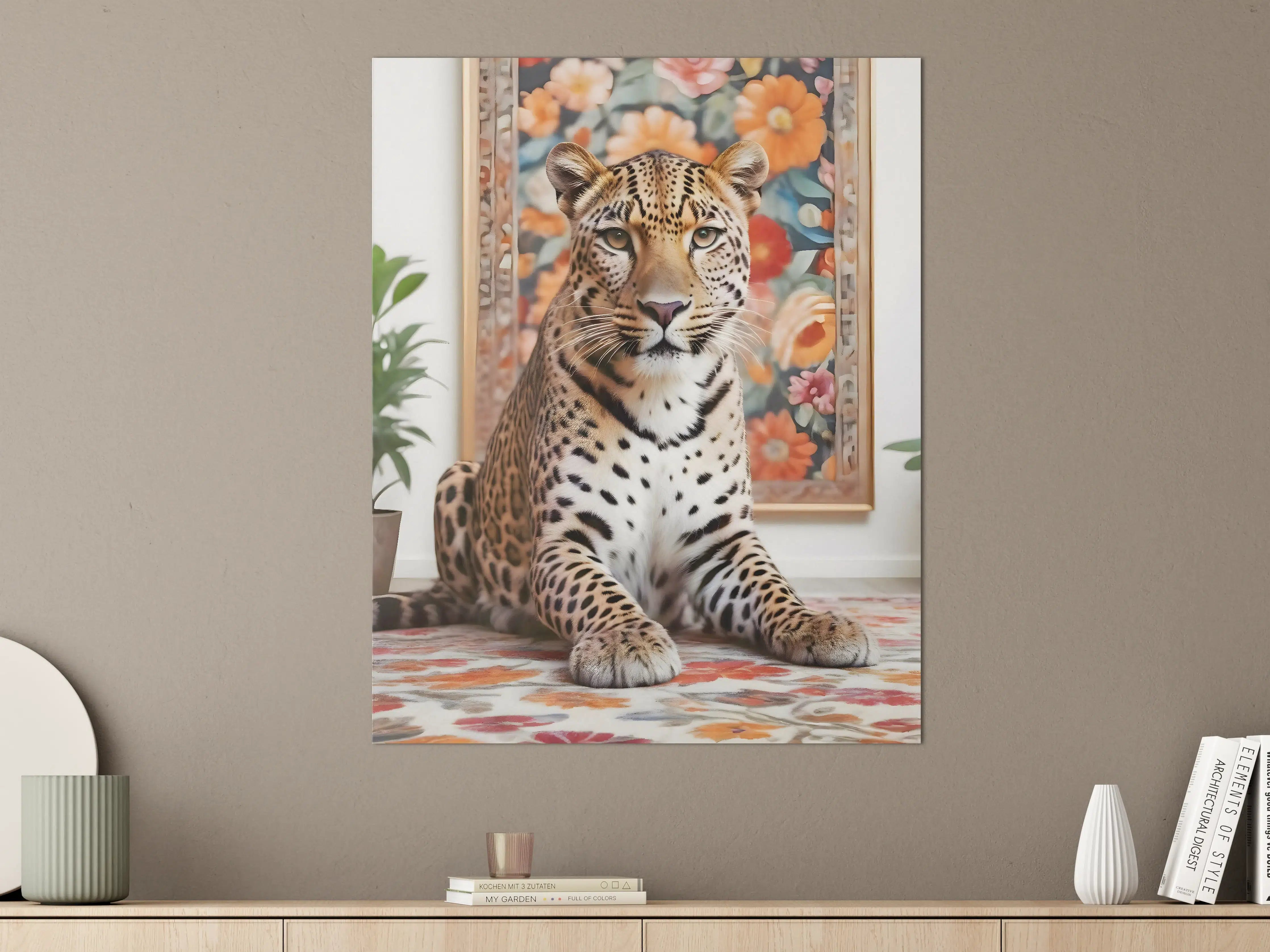 Große Wandbilder - Majestätischer Leopard vor bunter Blumenwand
