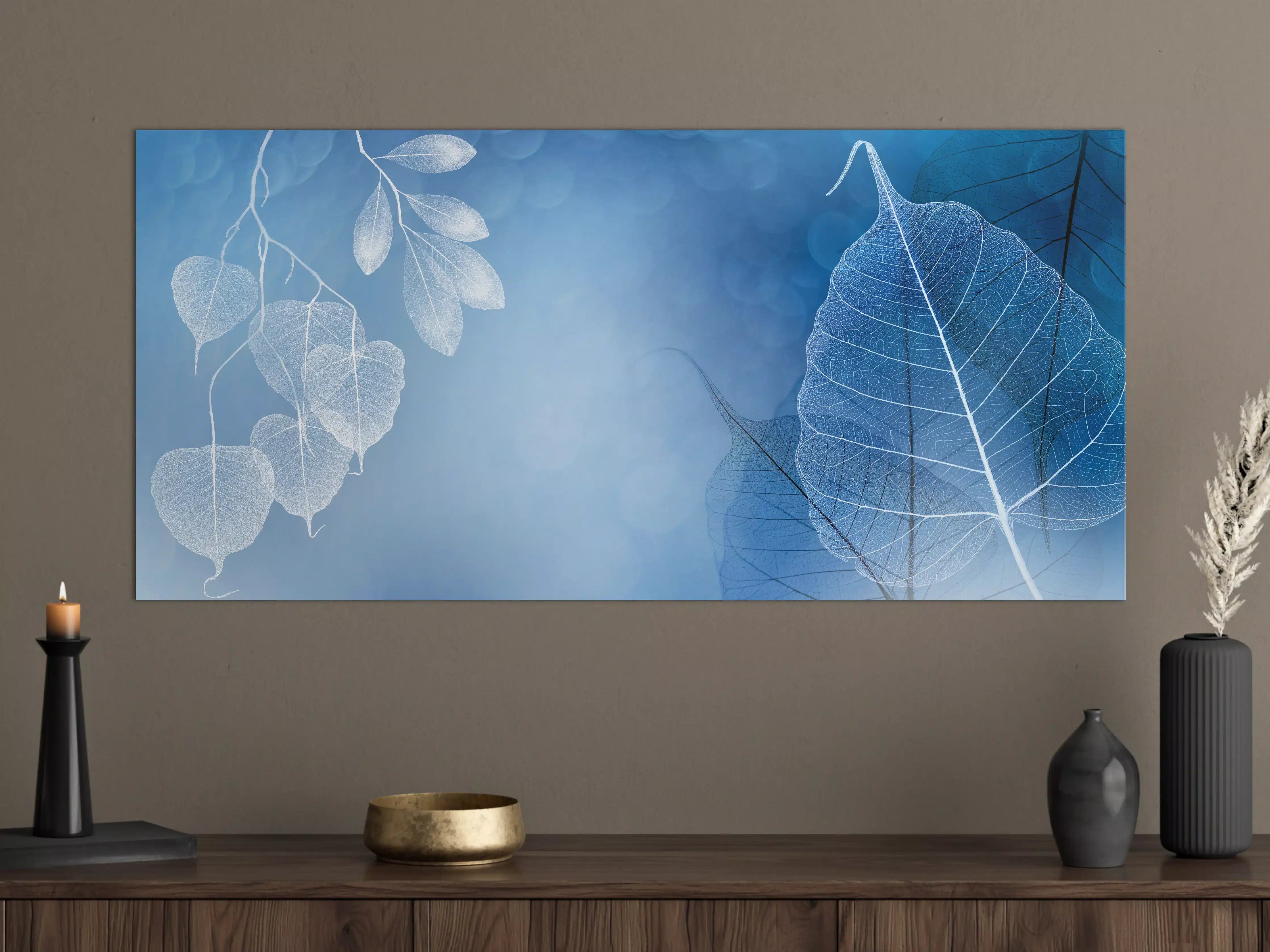 Große Wandbilder - Makro Blätter Blau-Grau Kunst