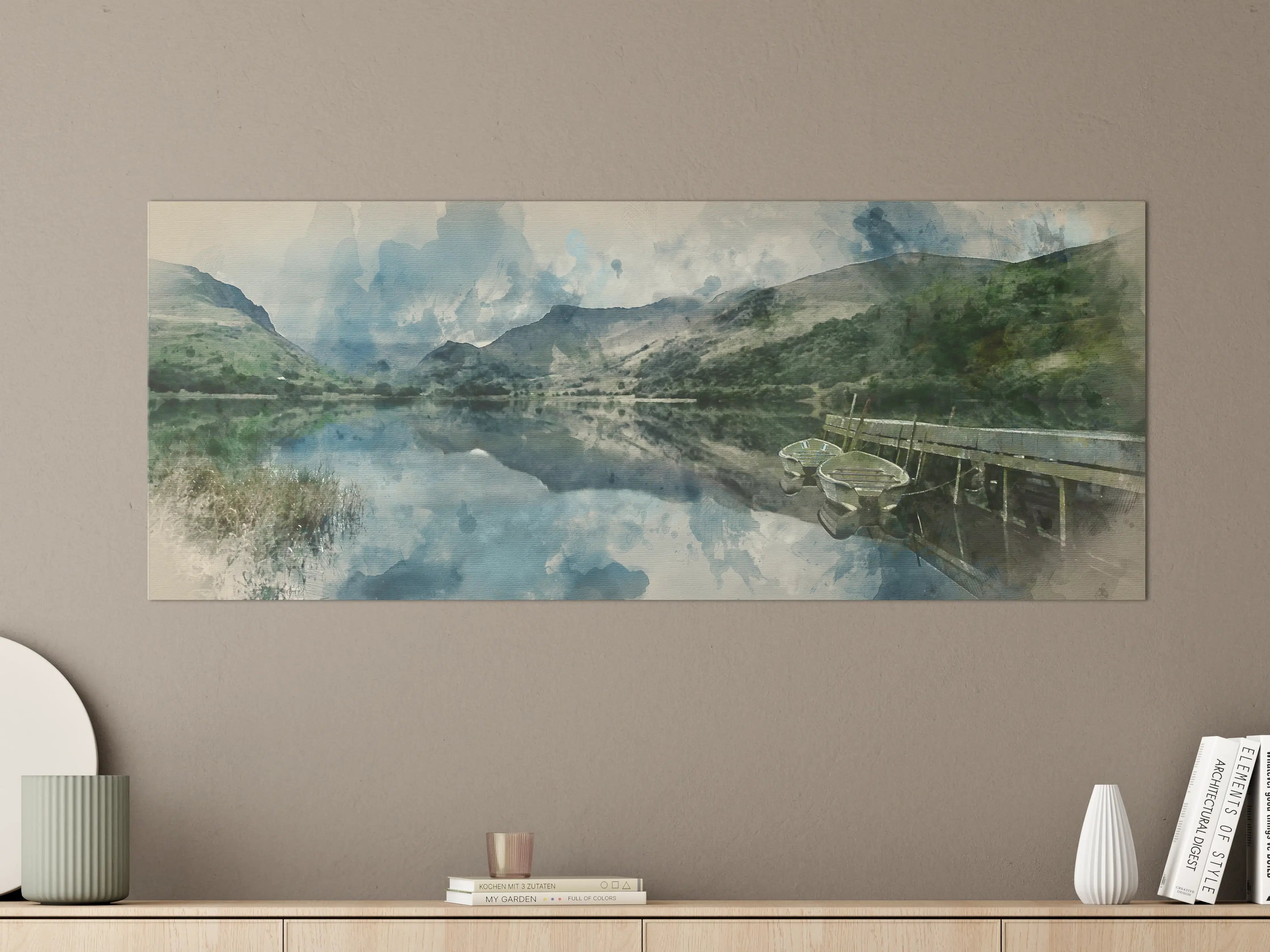 Große Wandbilder - Malereiaquarell eines ruhigen Sees mit Booten