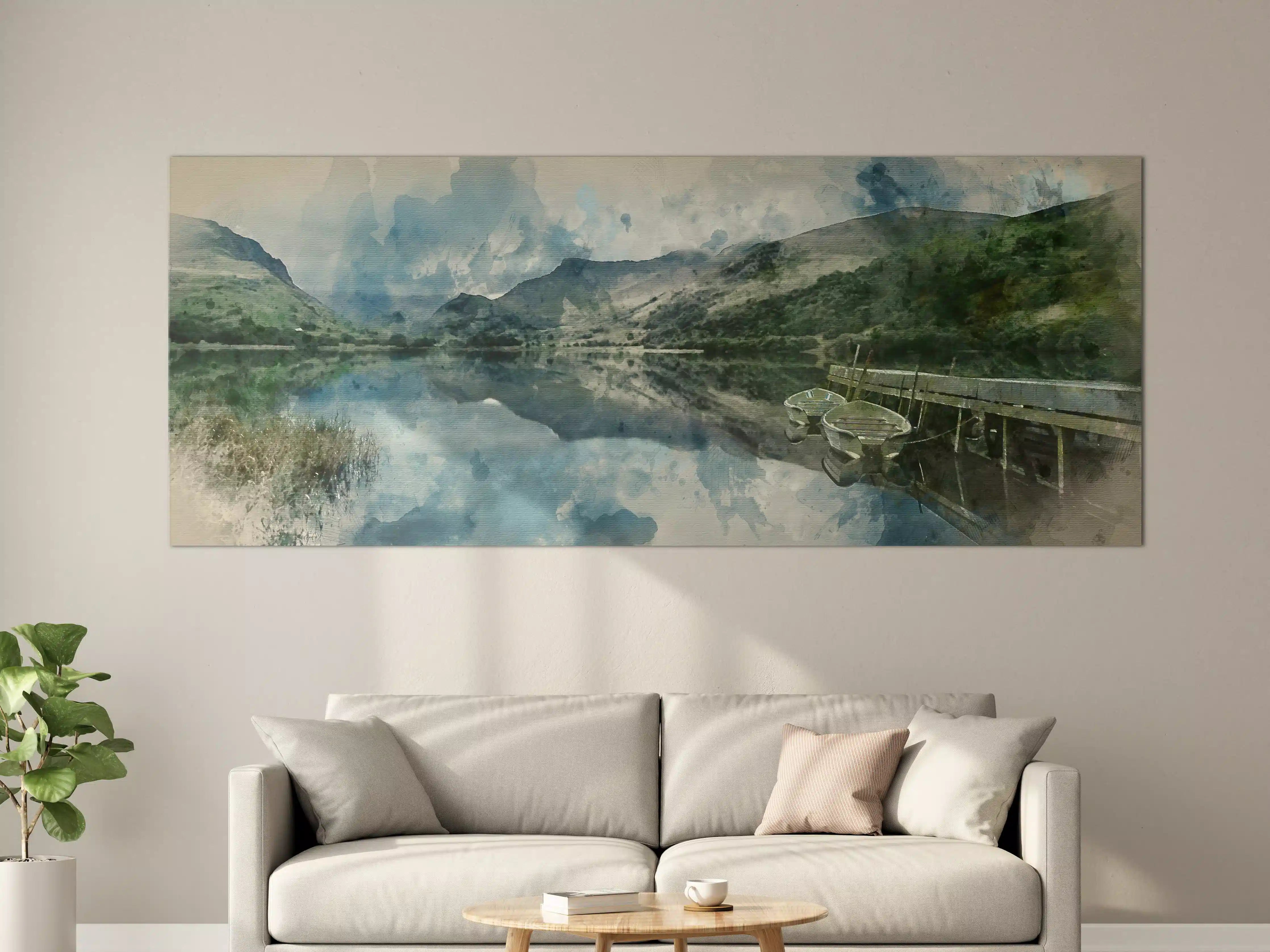 Große Wandbilder - Malereiaquarell eines ruhigen Sees mit Booten
