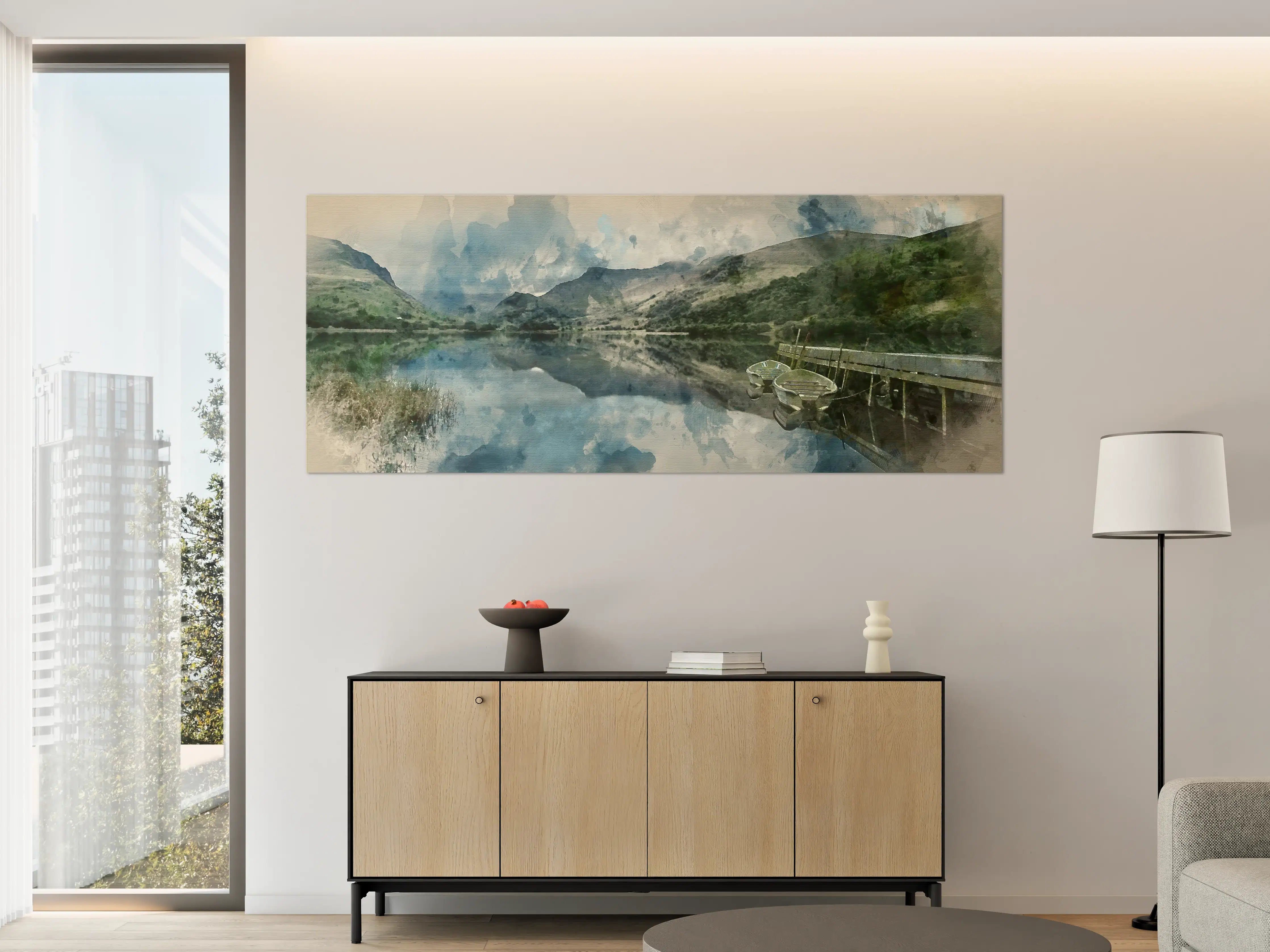 Große Wandbilder - Malereiaquarell eines ruhigen Sees mit Booten