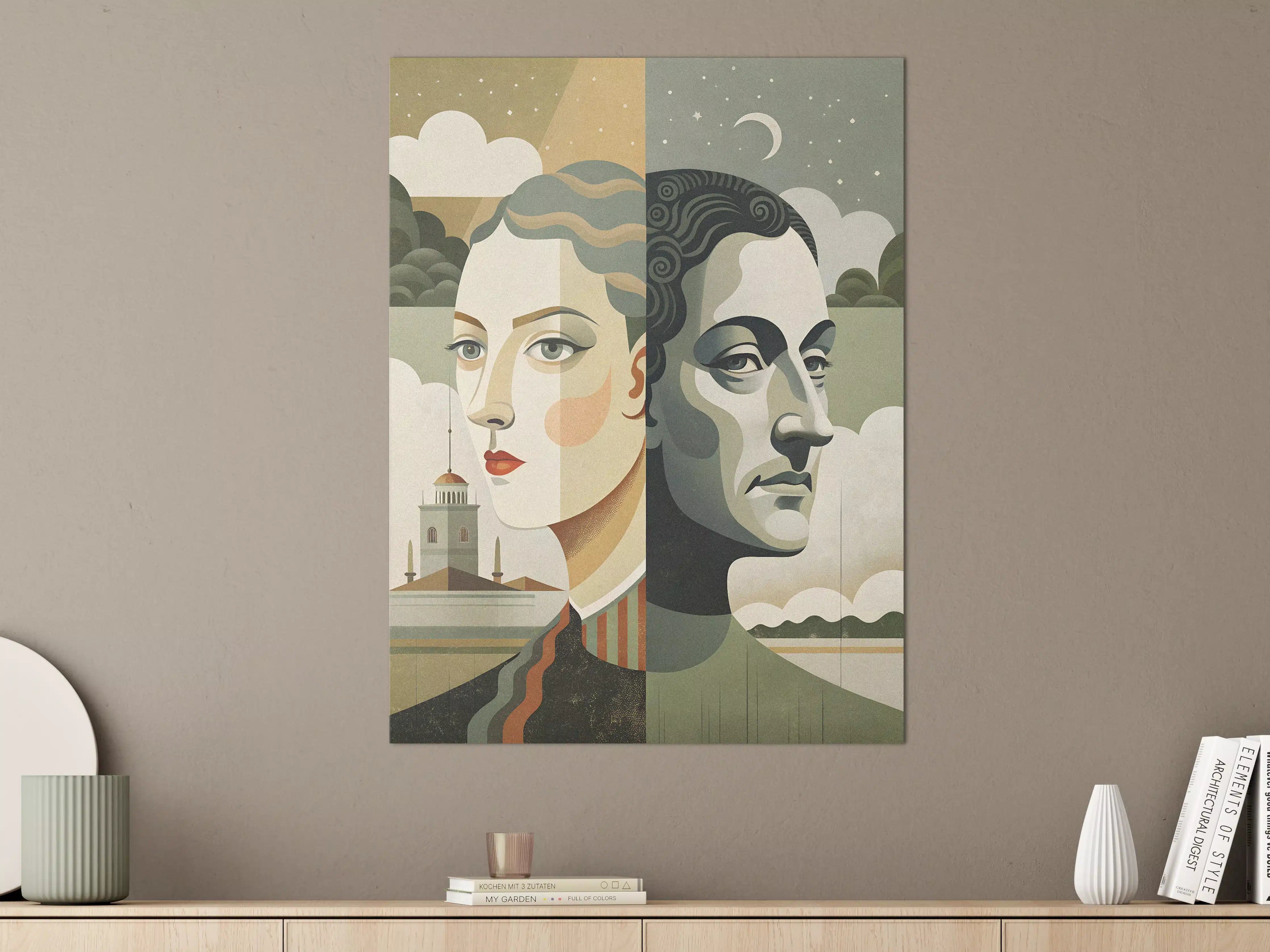 Große Wandbilder - Malerische Doppelporträt-Kunst mit mystischem Himmelshintergrund