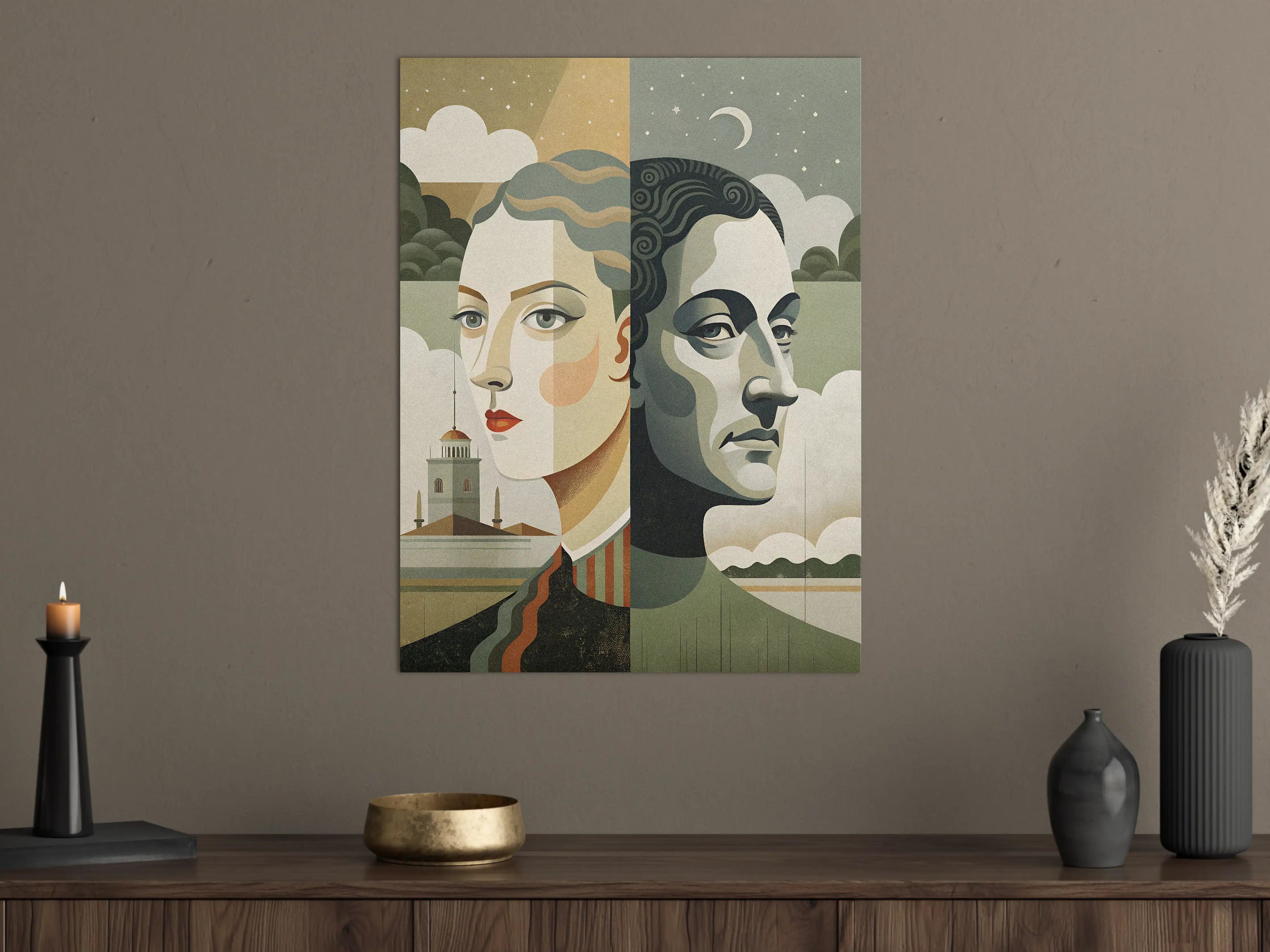 Große Wandbilder - Malerische Doppelporträt-Kunst mit mystischem Himmelshintergrund