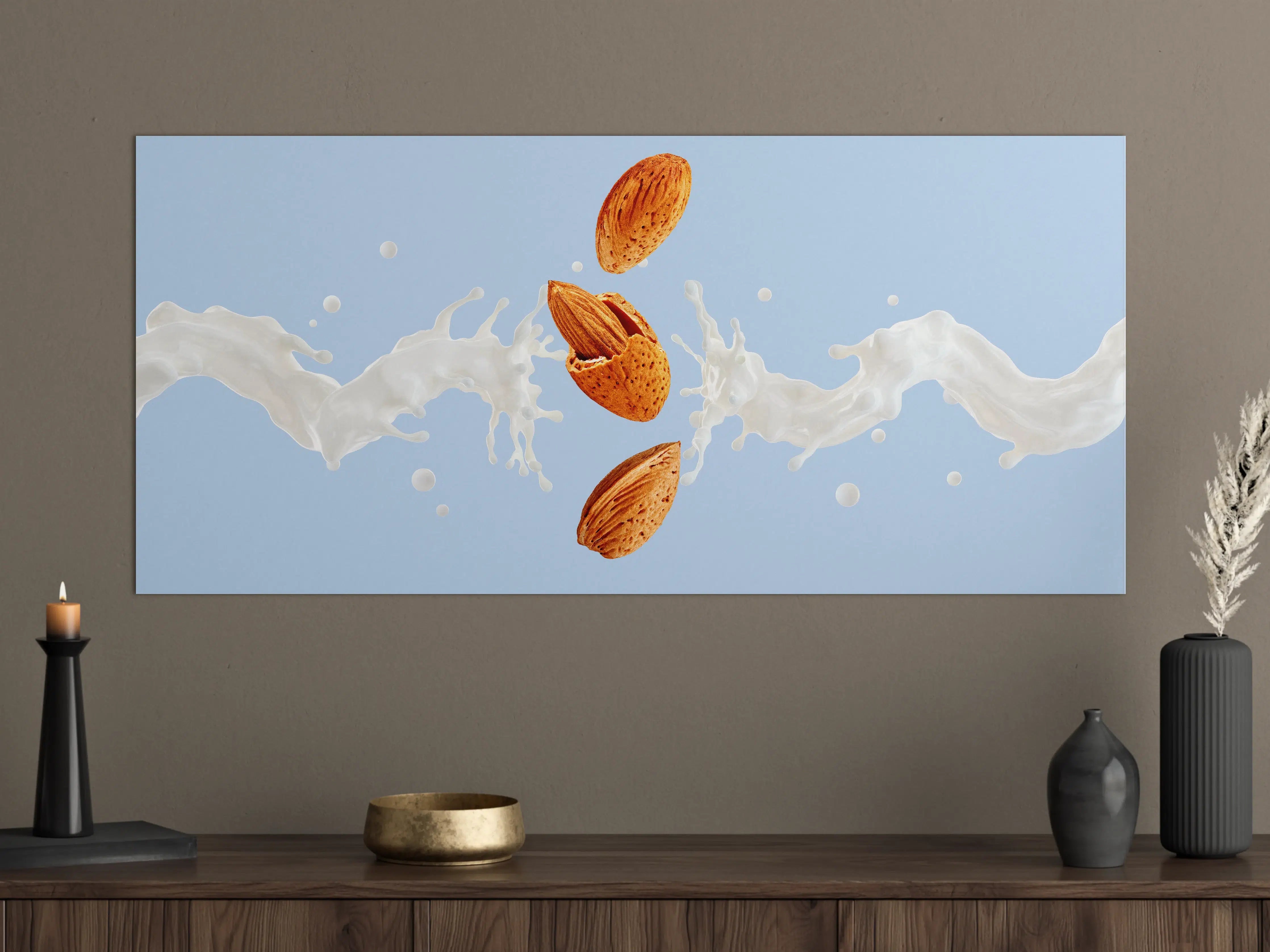 Große Wandbilder - Mandelmilch-Splash auf Blau