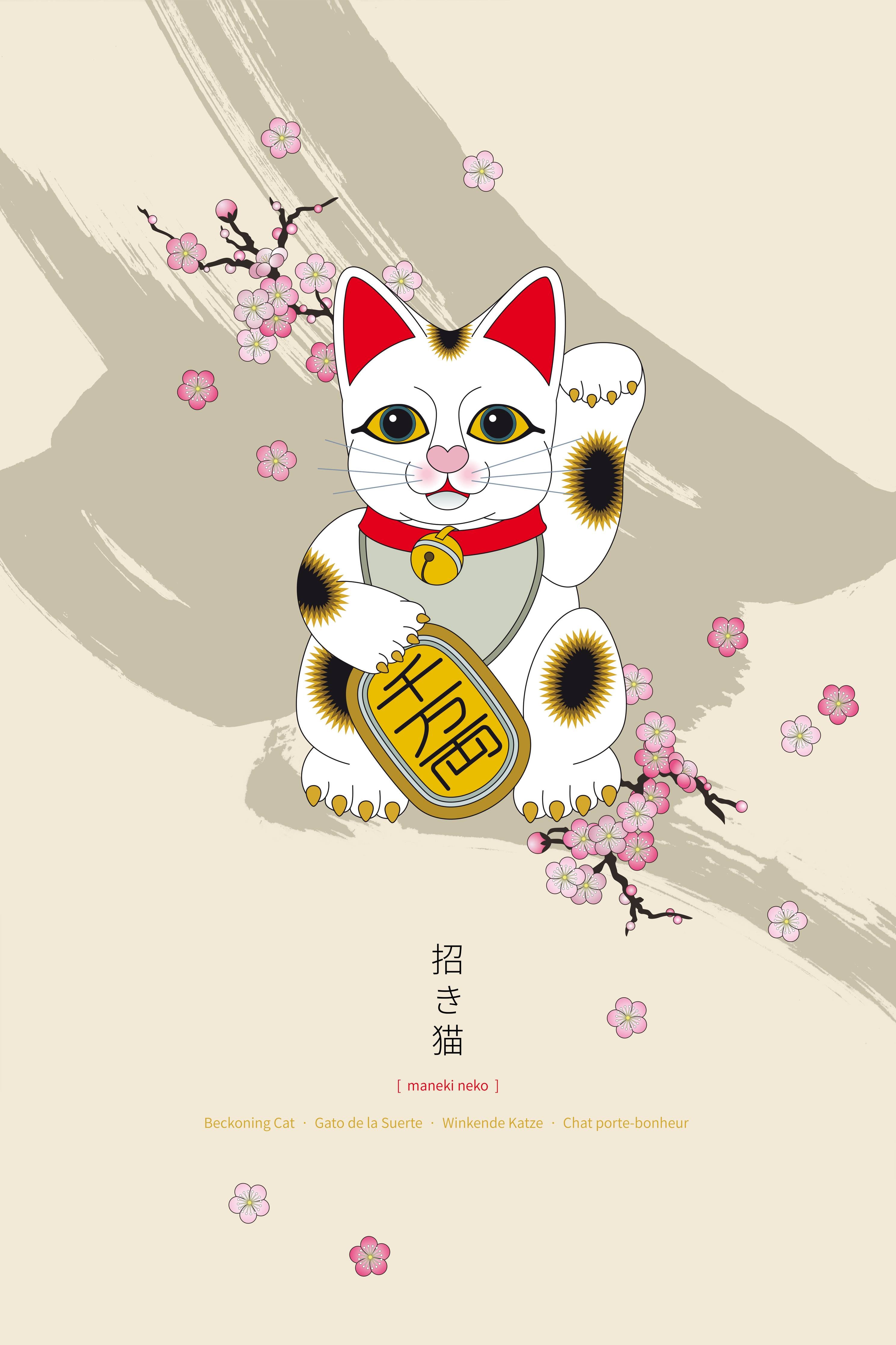 Große Wandbilder-Maneki Neko, Glückskatze mit Glocke und Münze