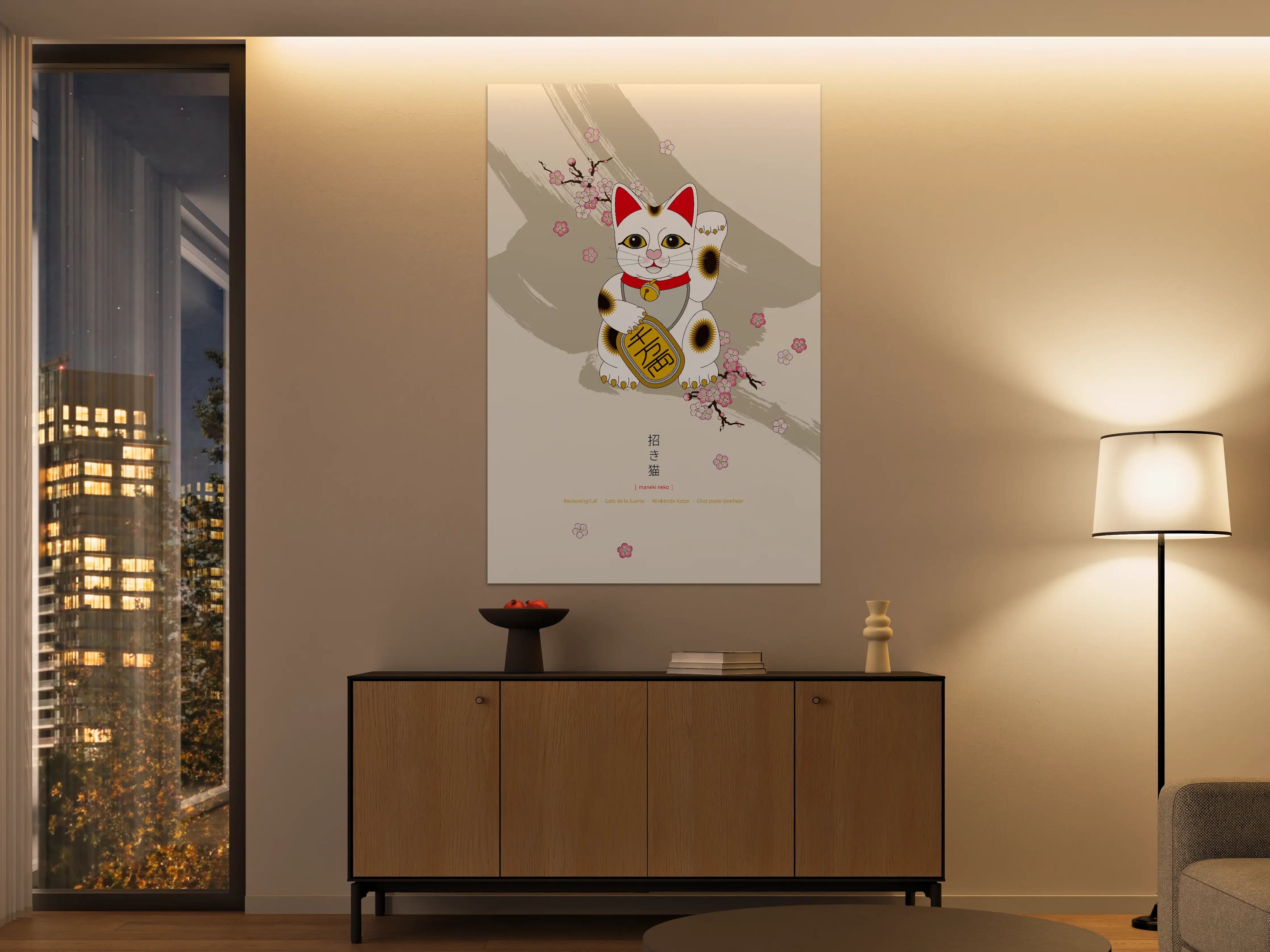 Große Wandbilder - Maneki Neko, Glückskatze mit Glocke und Münze