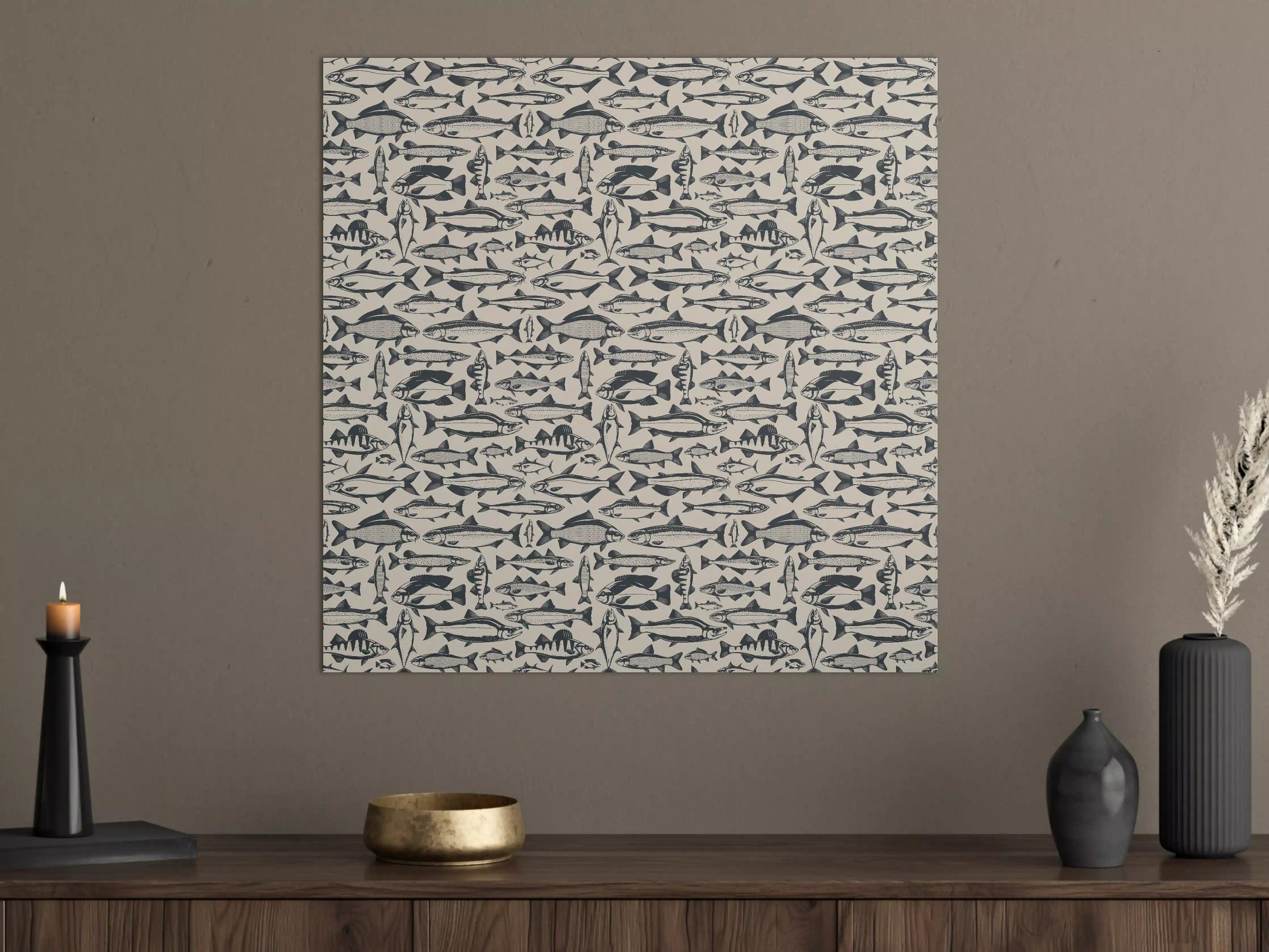 Große Wandbilder - Maritimes Fischmuster Beige-Blau