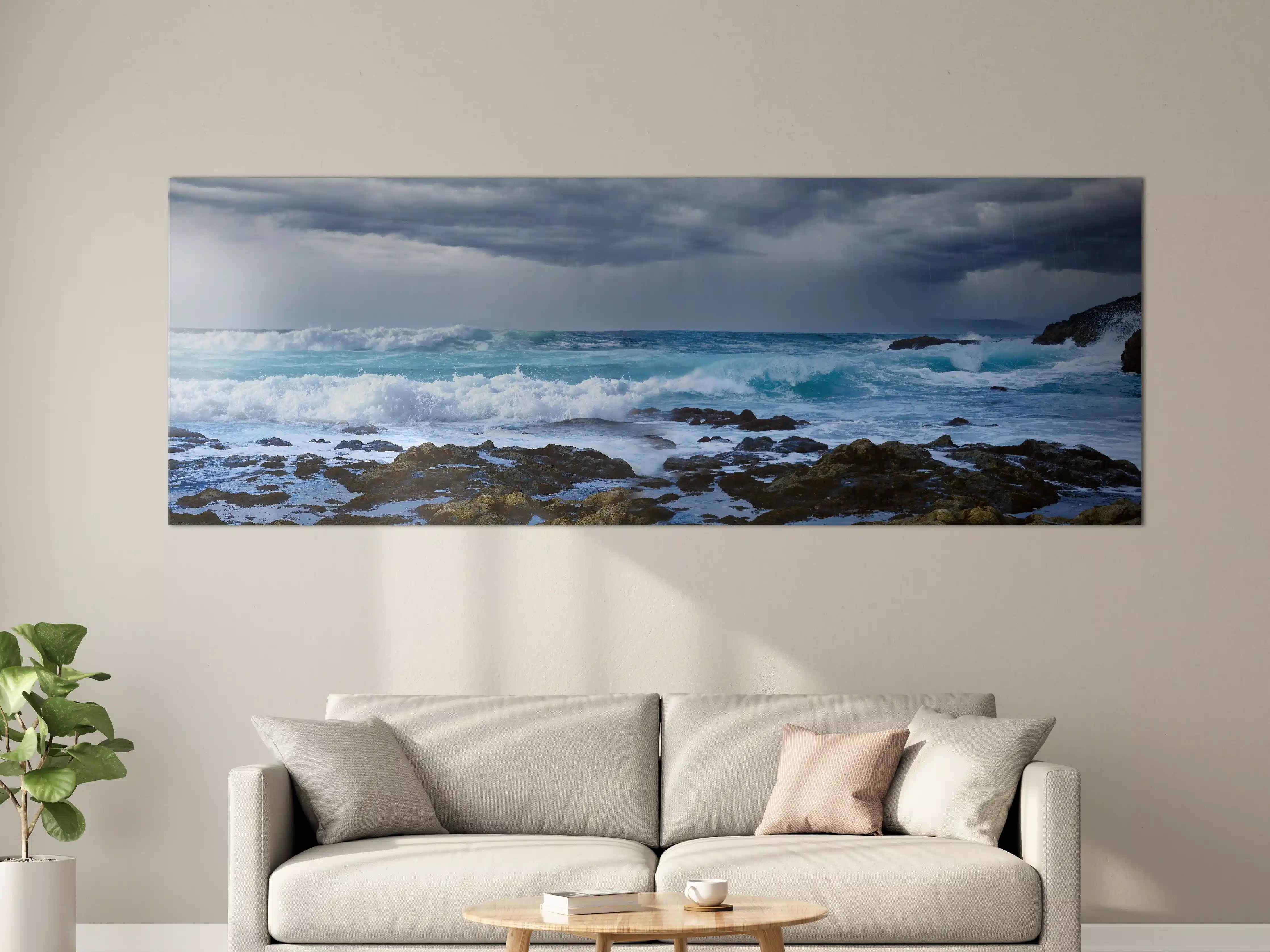 Große Wandbilder - Meeresküste mit dunklen Regenwolken und stürmischer See