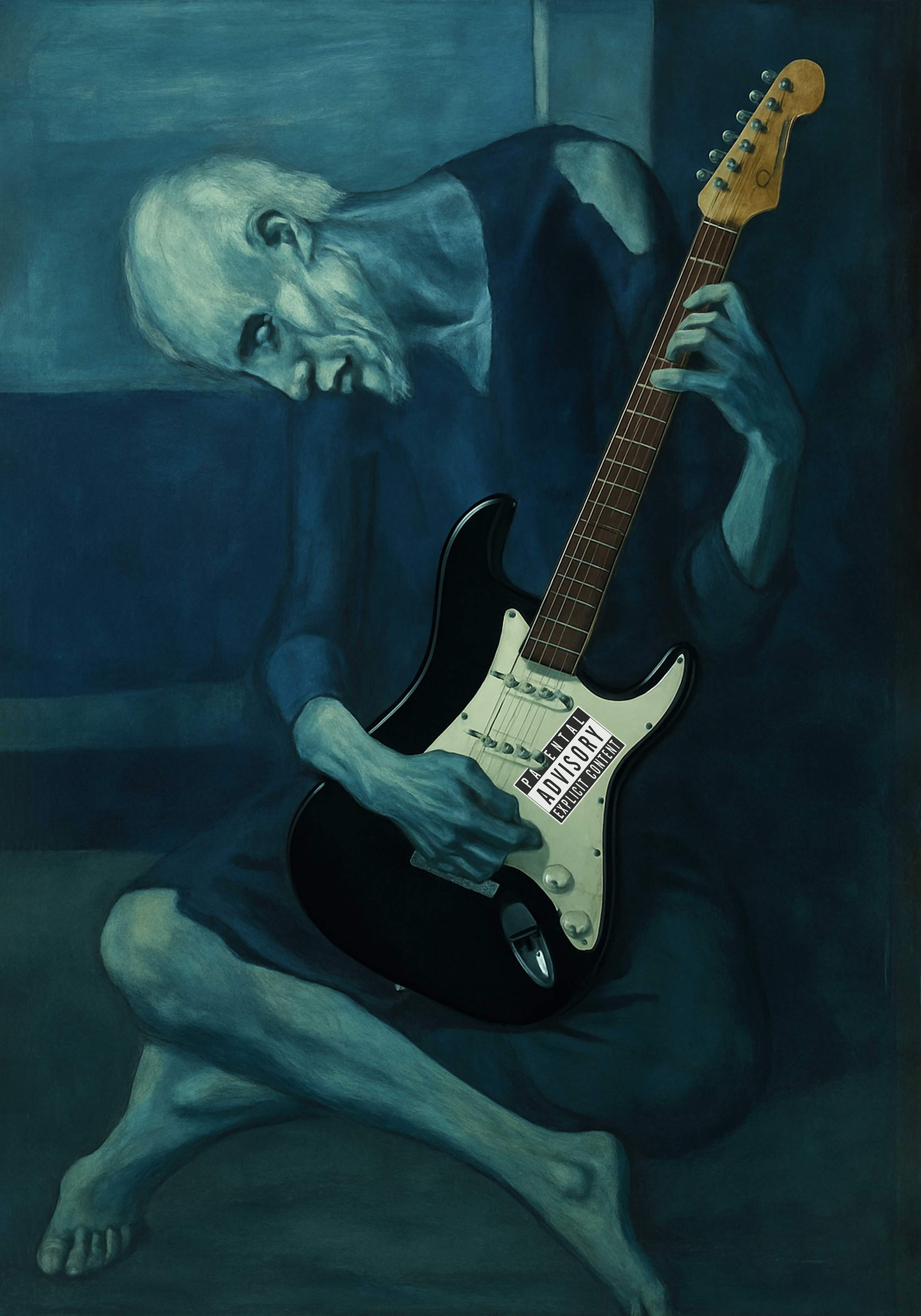 Große Wandbilder-Melancholischer Gitarrenspieler in Blau