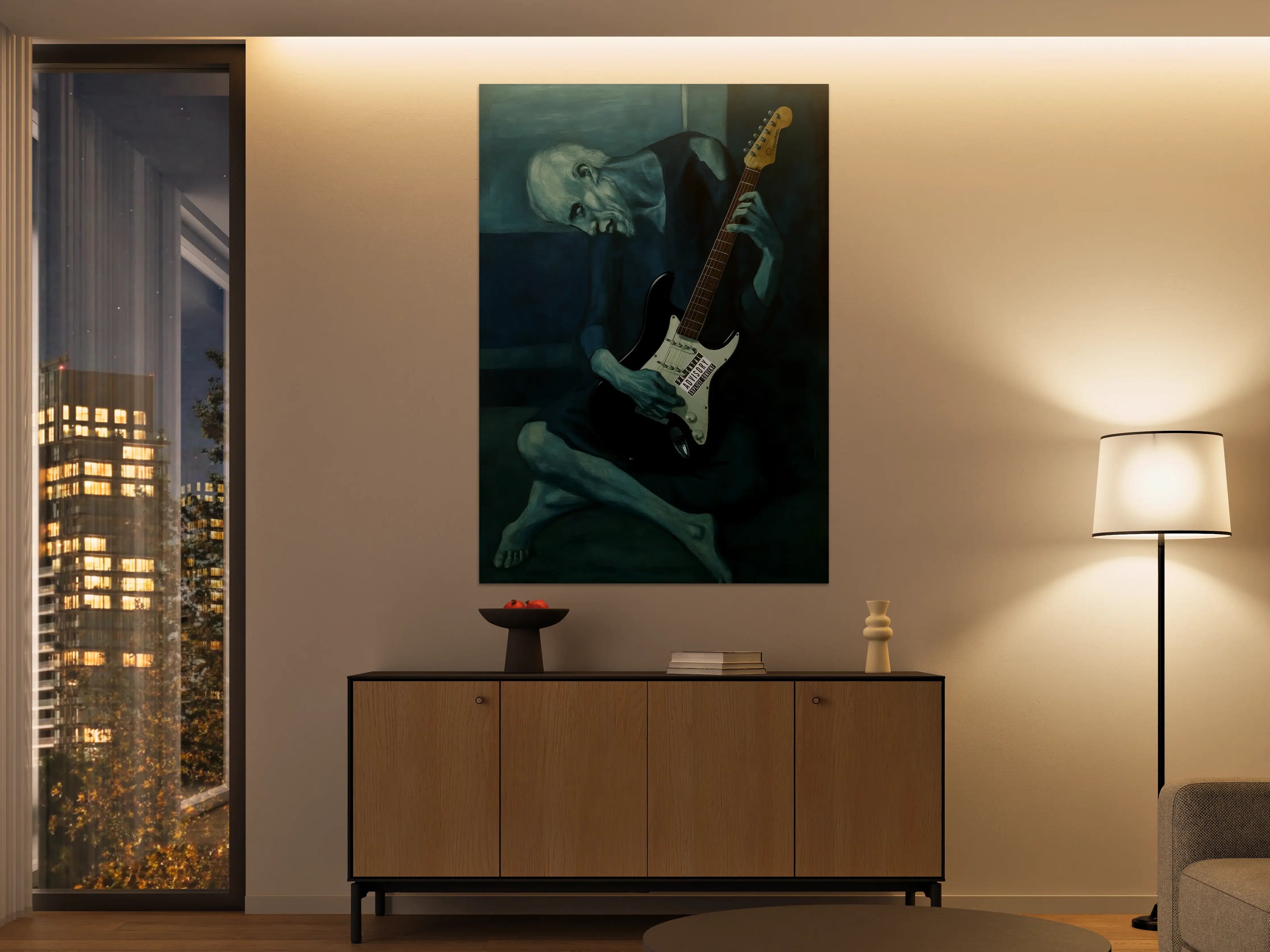 Große Wandbilder - Melancholischer Gitarrenspieler in Blau