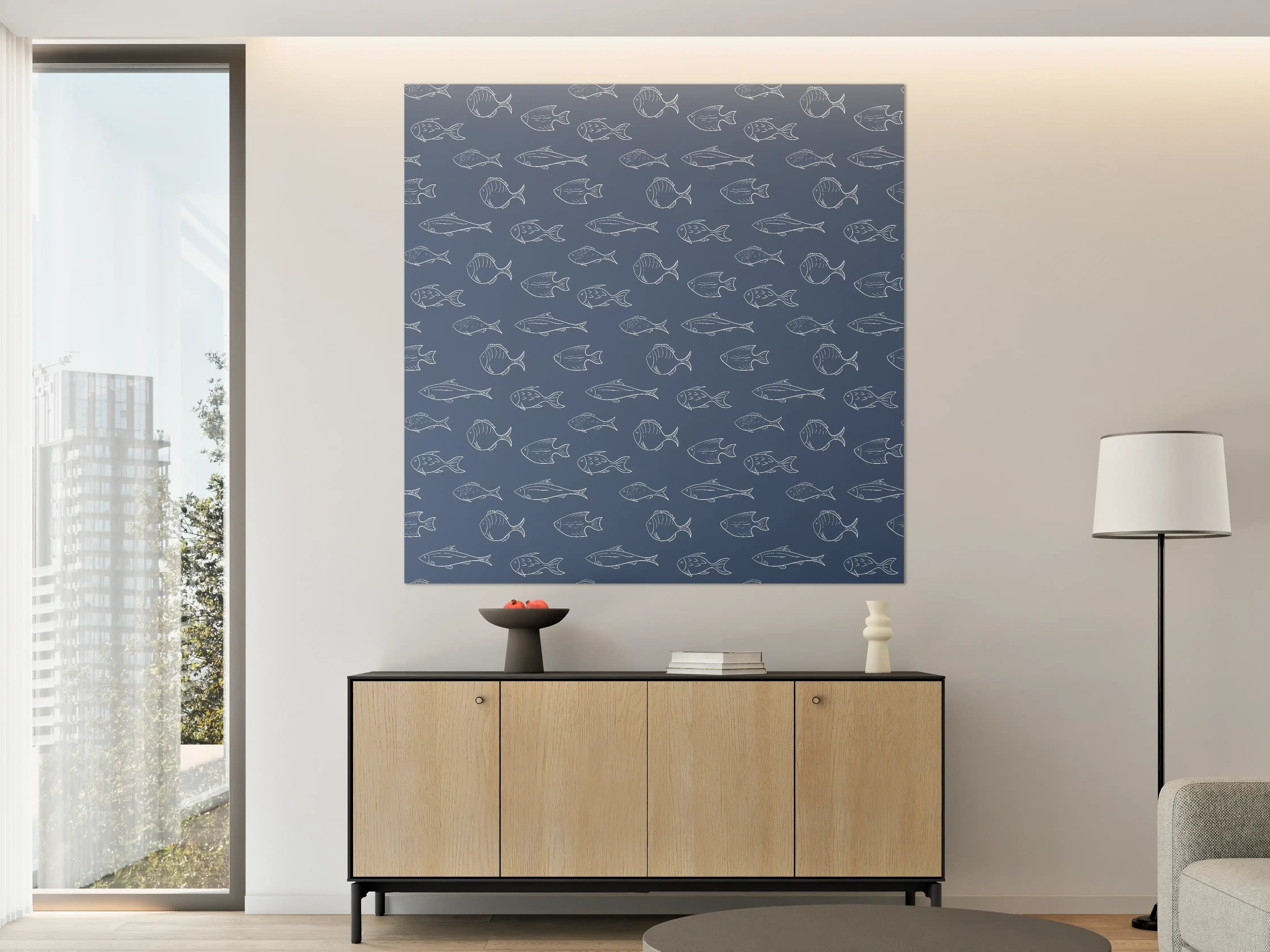 Große Wandbilder - Minimal Fischmuster Blau
