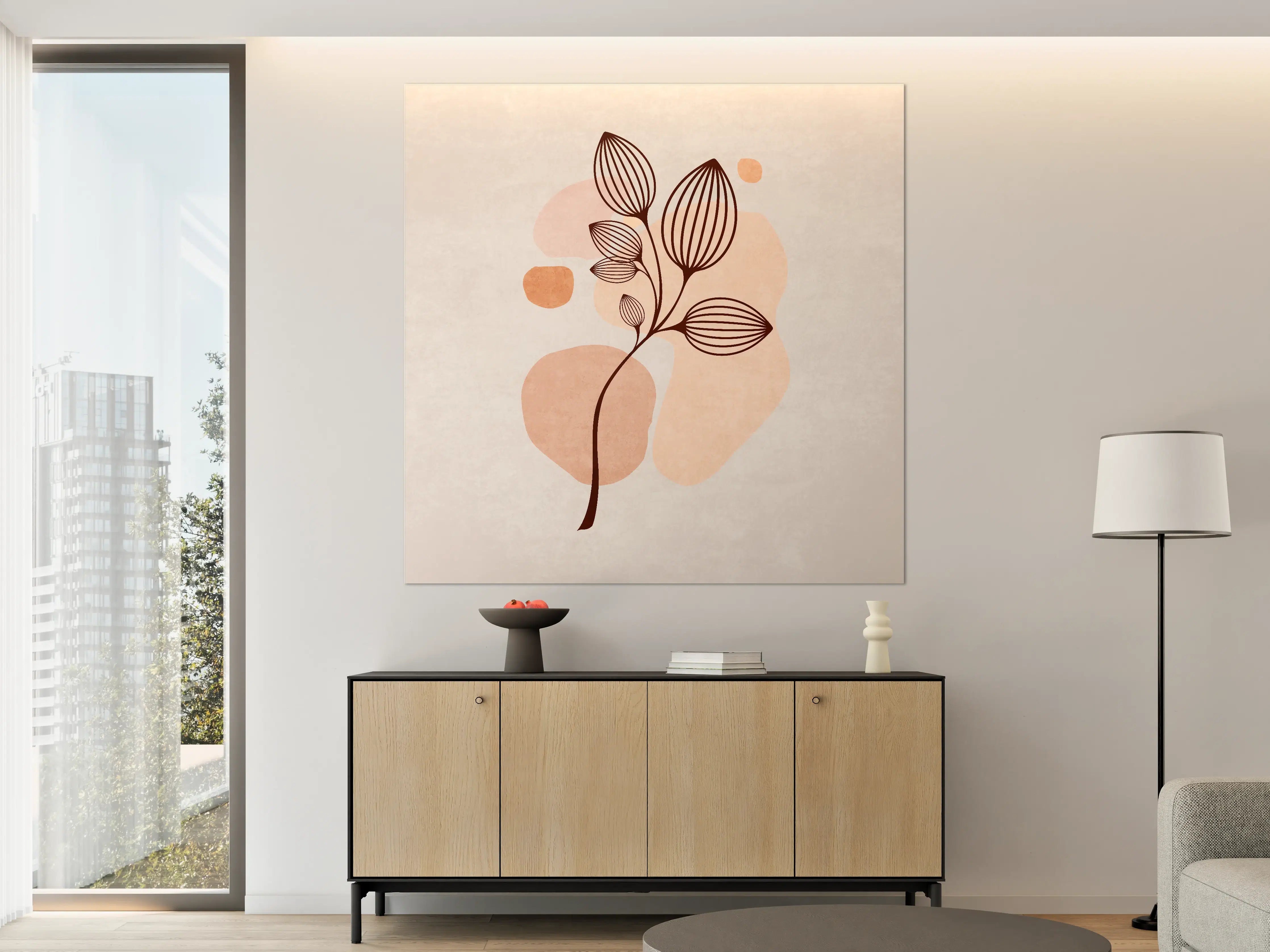 Große Wandbilder - Minimalistische Blumenillustration in Braun auf Beigeton