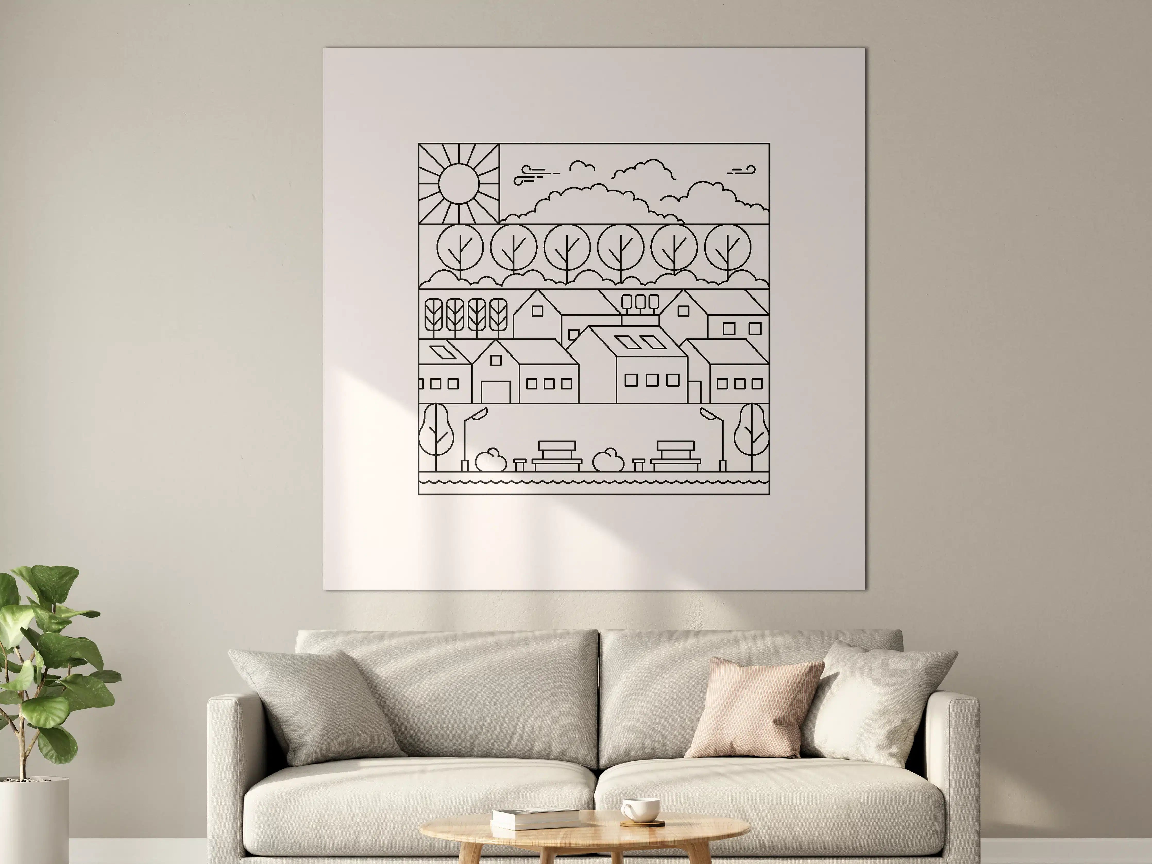 Große Wandbilder - Minimalistische Landschaft mit Häusern und Bäumen