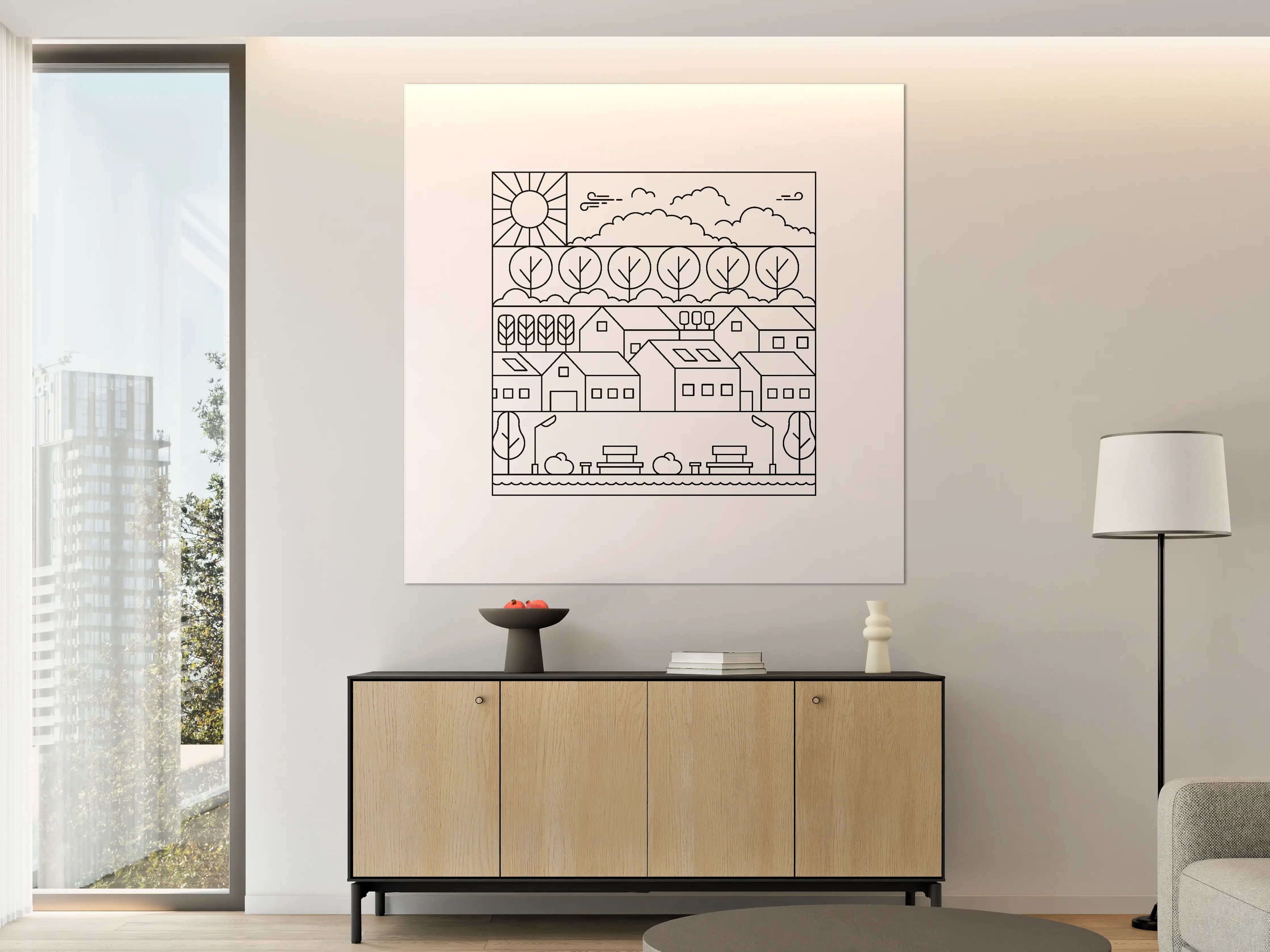 Große Wandbilder - Minimalistische Landschaft mit Häusern und Bäumen