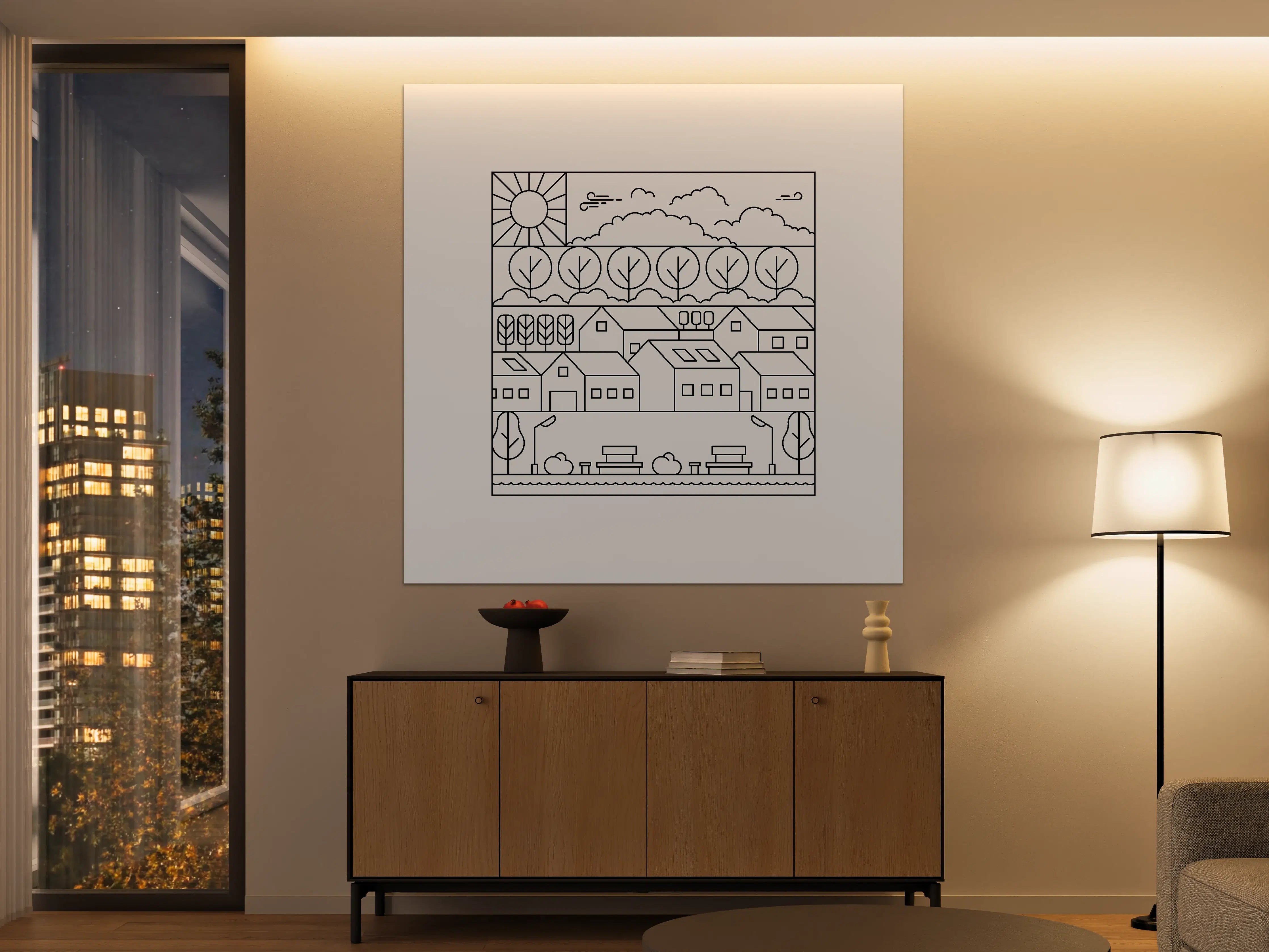 Große Wandbilder - Minimalistische Landschaft mit Häusern und Bäumen