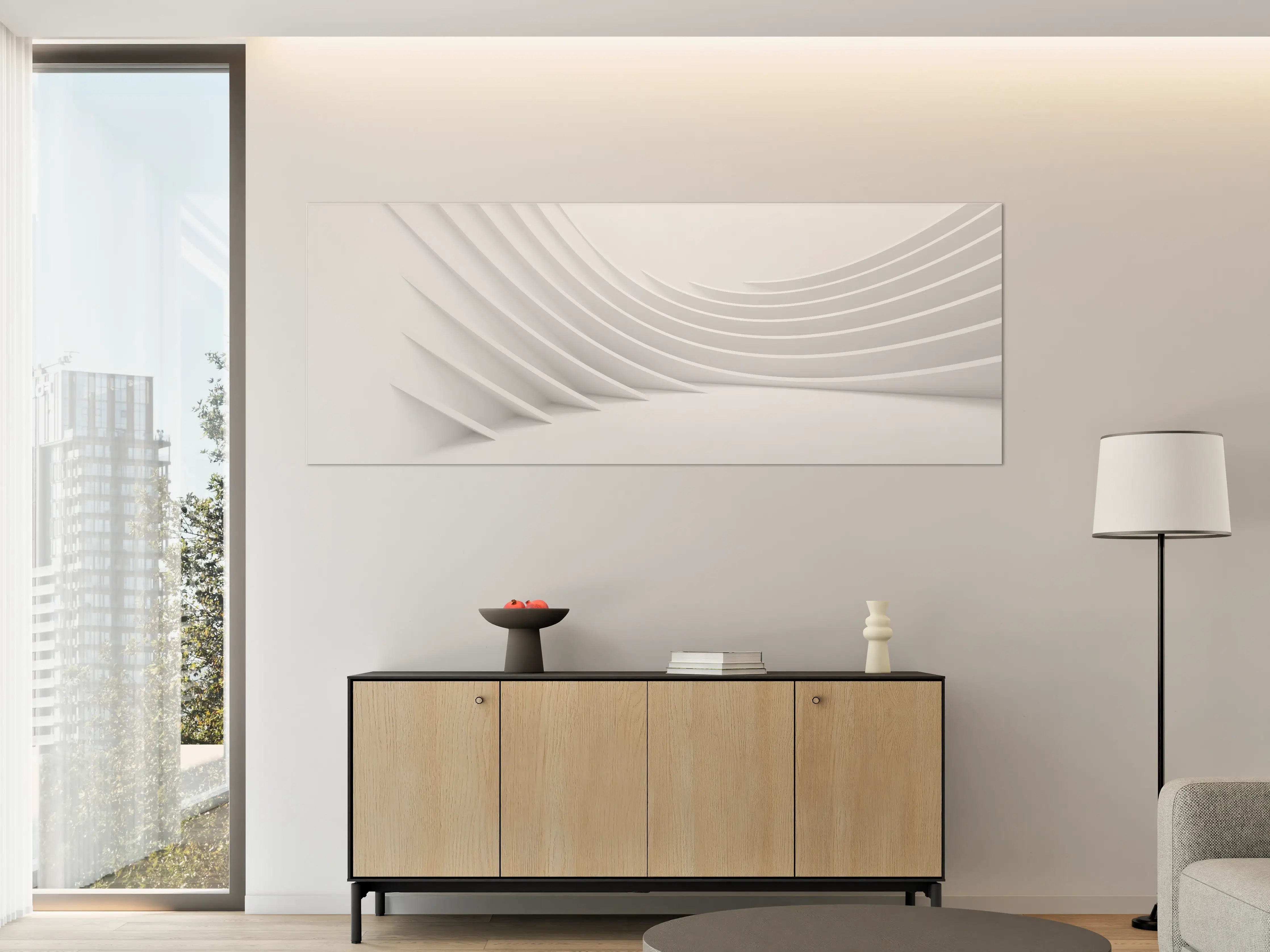 Große Wandbilder - Minimalistische Weiß-Grau Welle