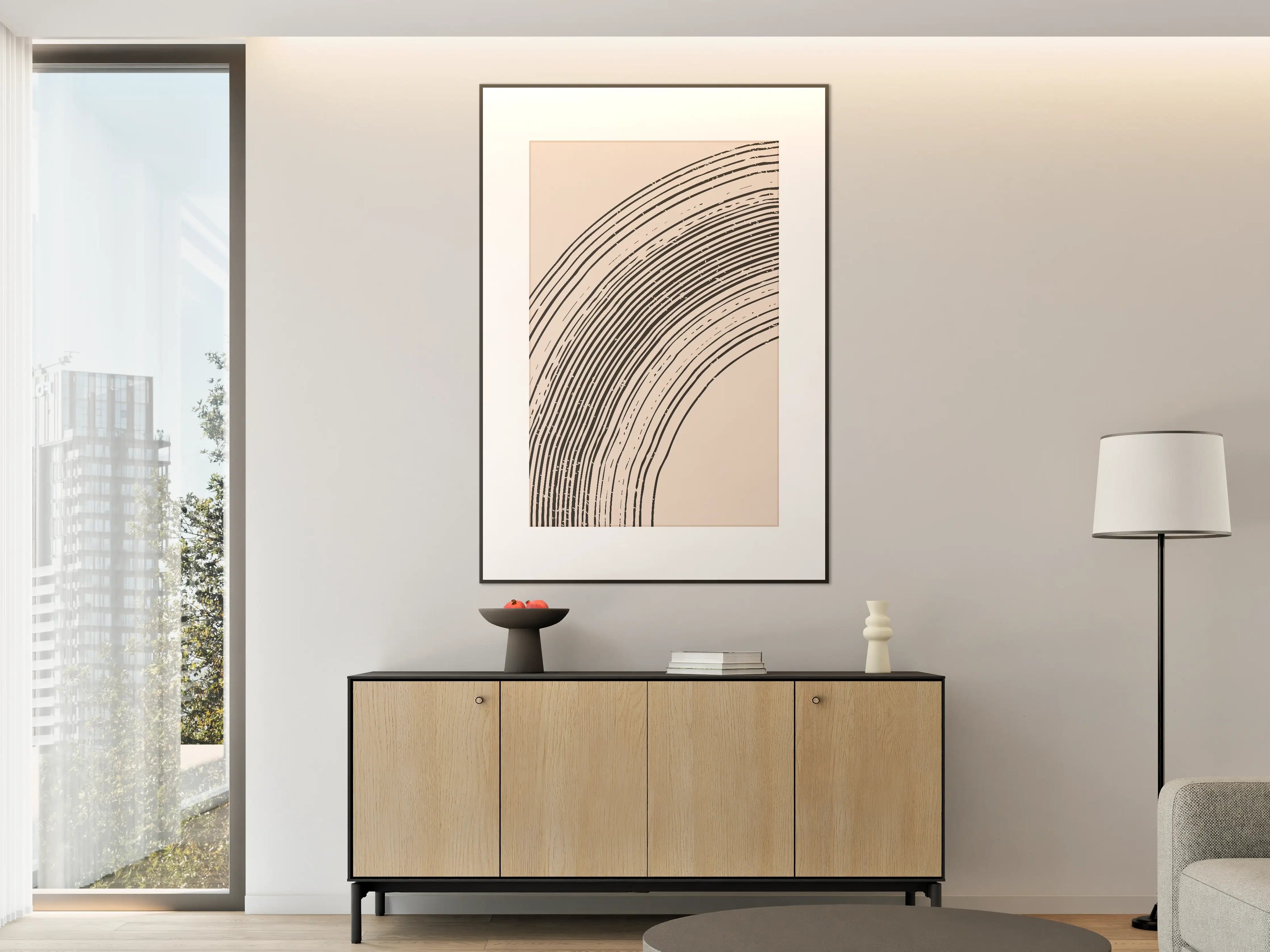 Große Wandbilder - Minimalistischer Bogen mit schwarzen Linien auf beigem Hintergrund
