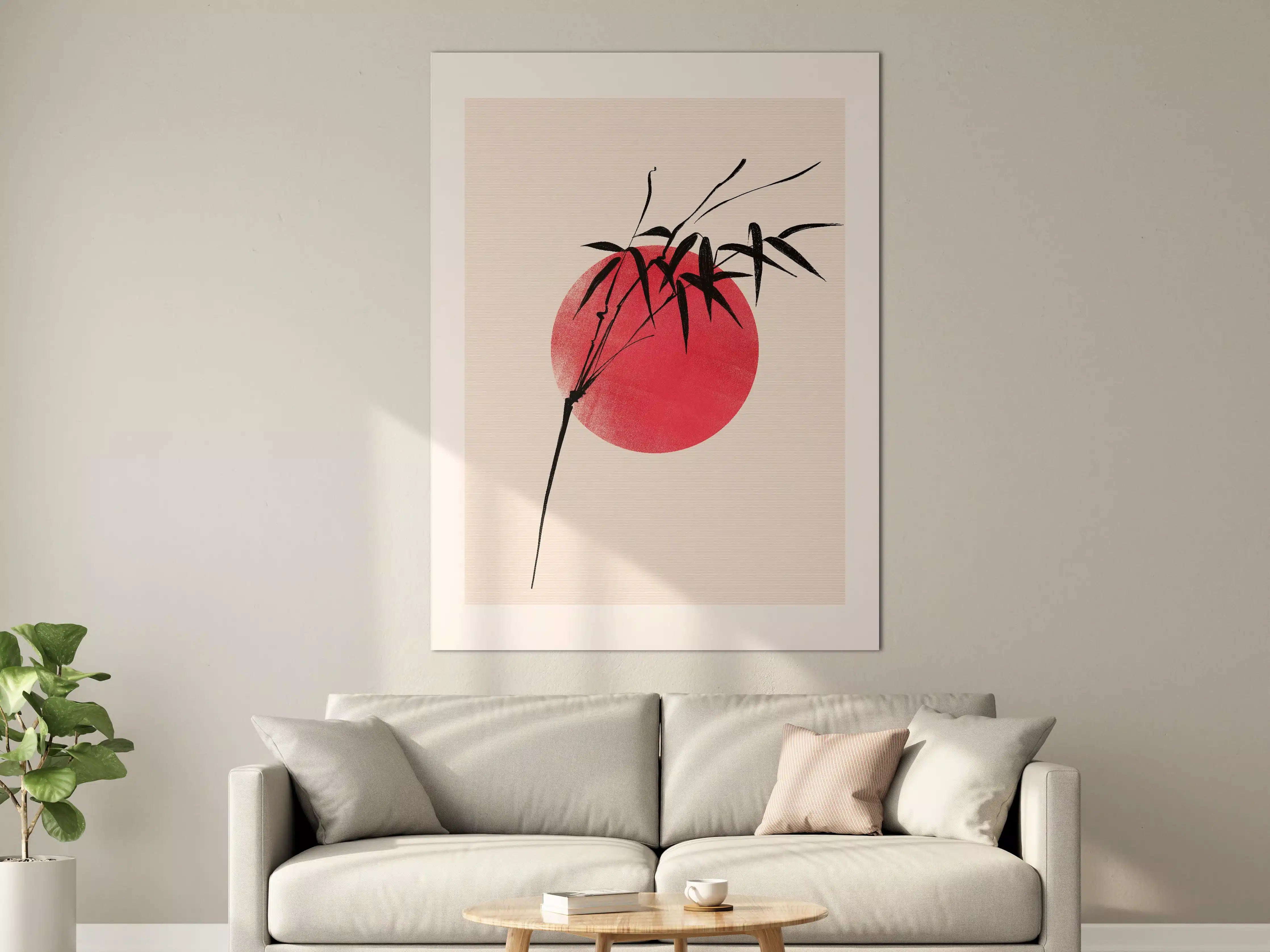 Große Wandbilder - Minimalistisches Bambusmotiv mit rotem Sonnenuntergang