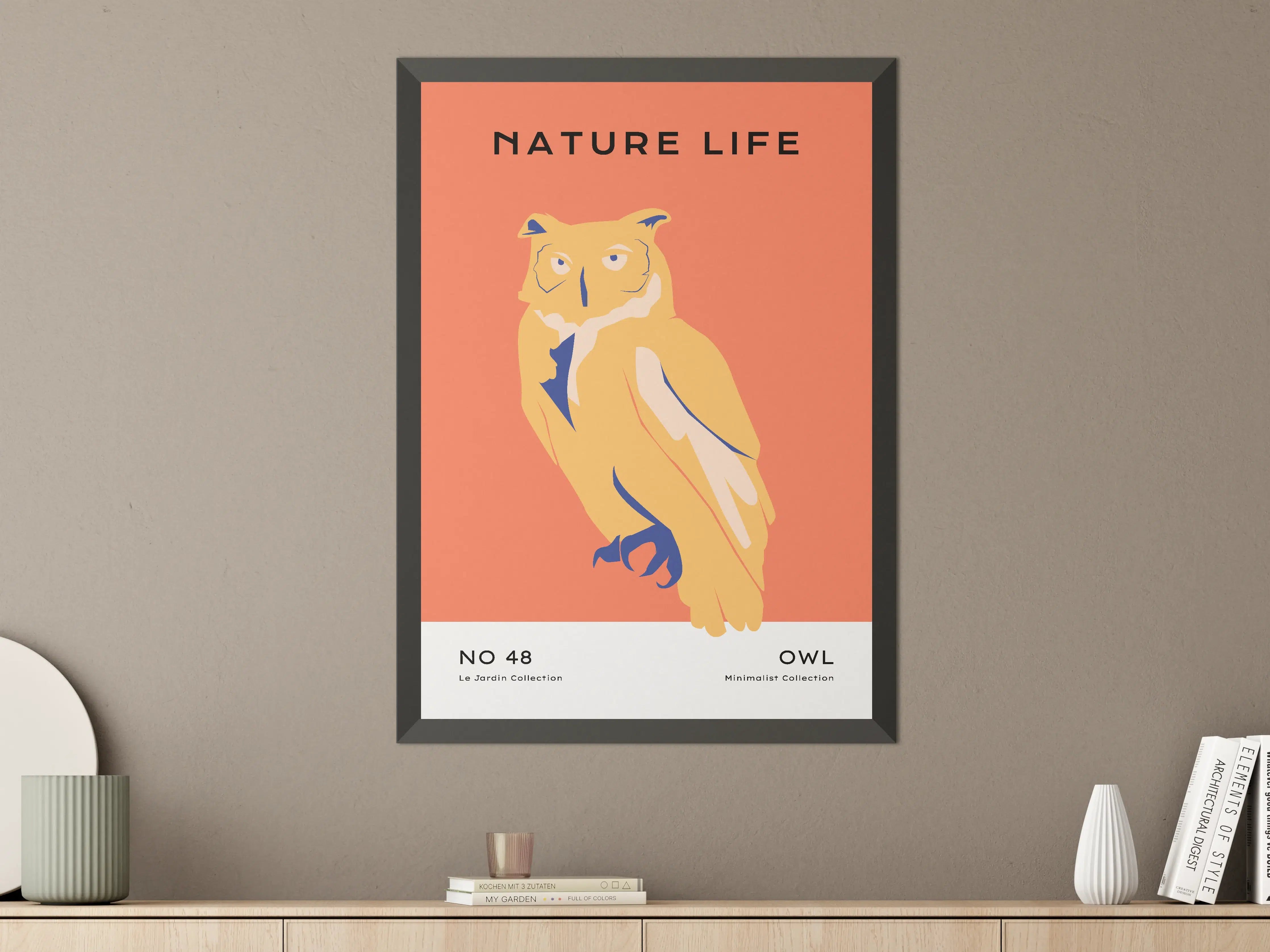 Große Wandbilder - Minimalistisches Eulenwandbild in warmen Orangetönen