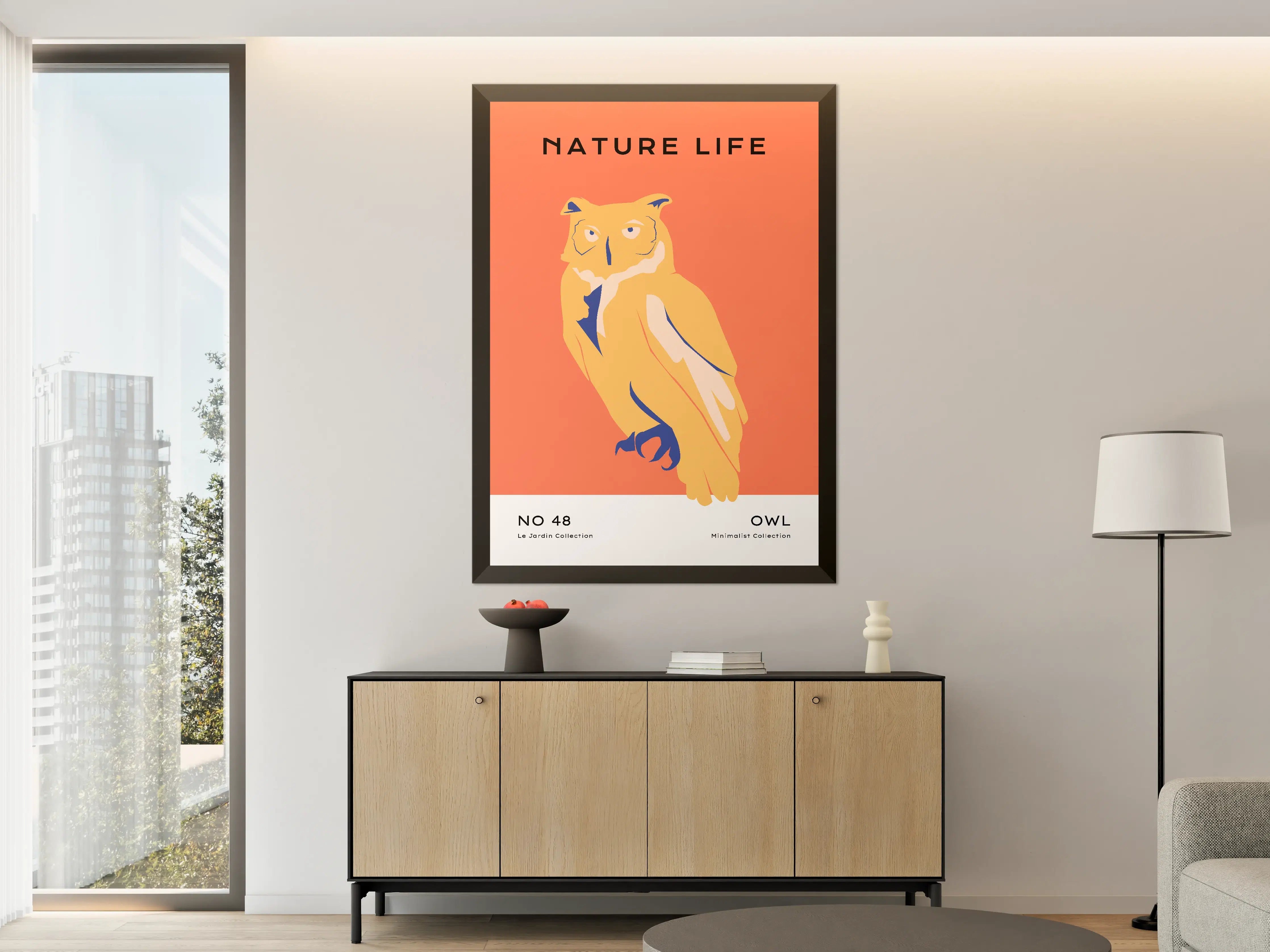 Große Wandbilder - Minimalistisches Eulenwandbild in warmen Orangetönen