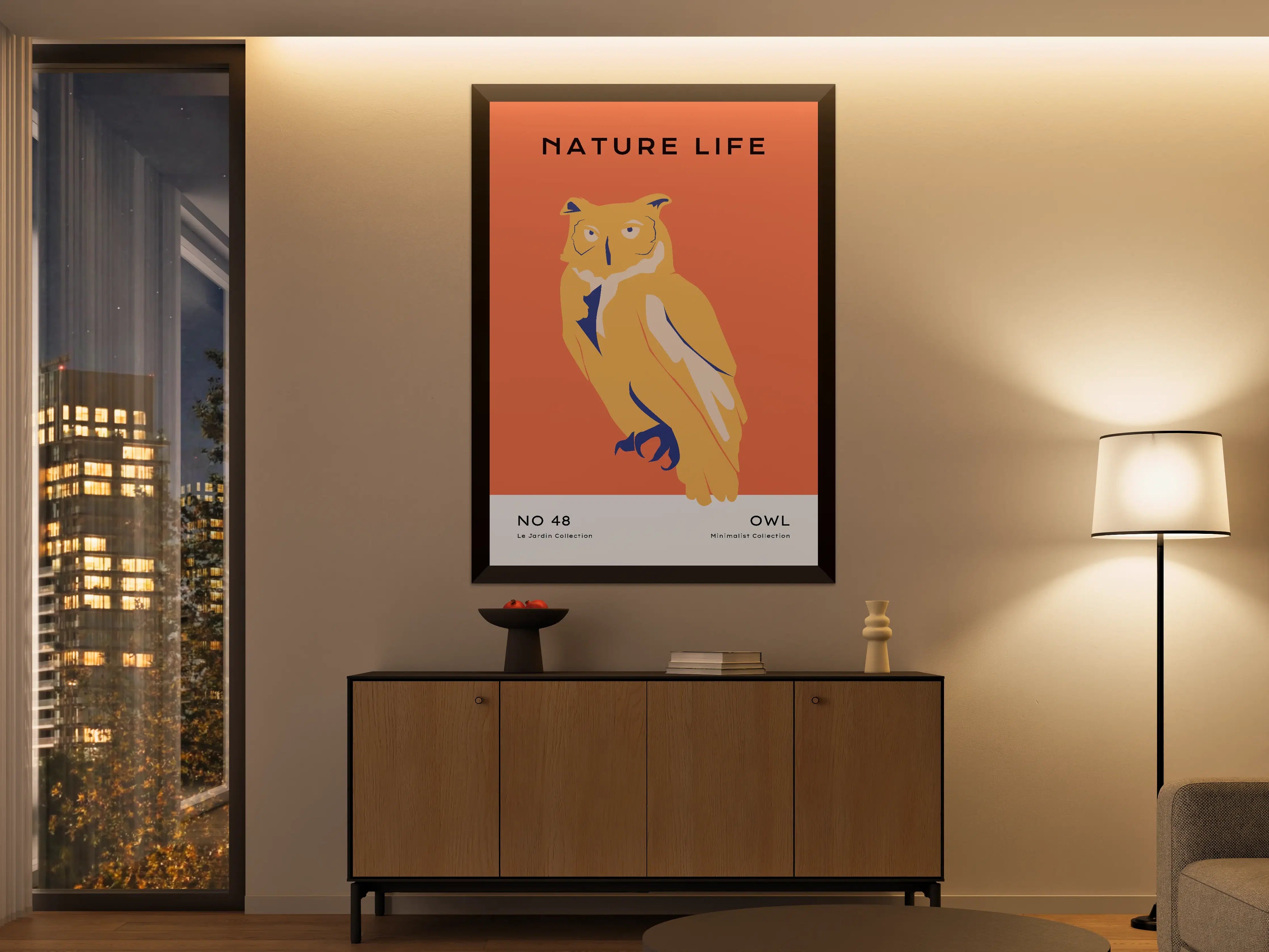 Große Wandbilder - Minimalistisches Eulenwandbild in warmen Orangetönen