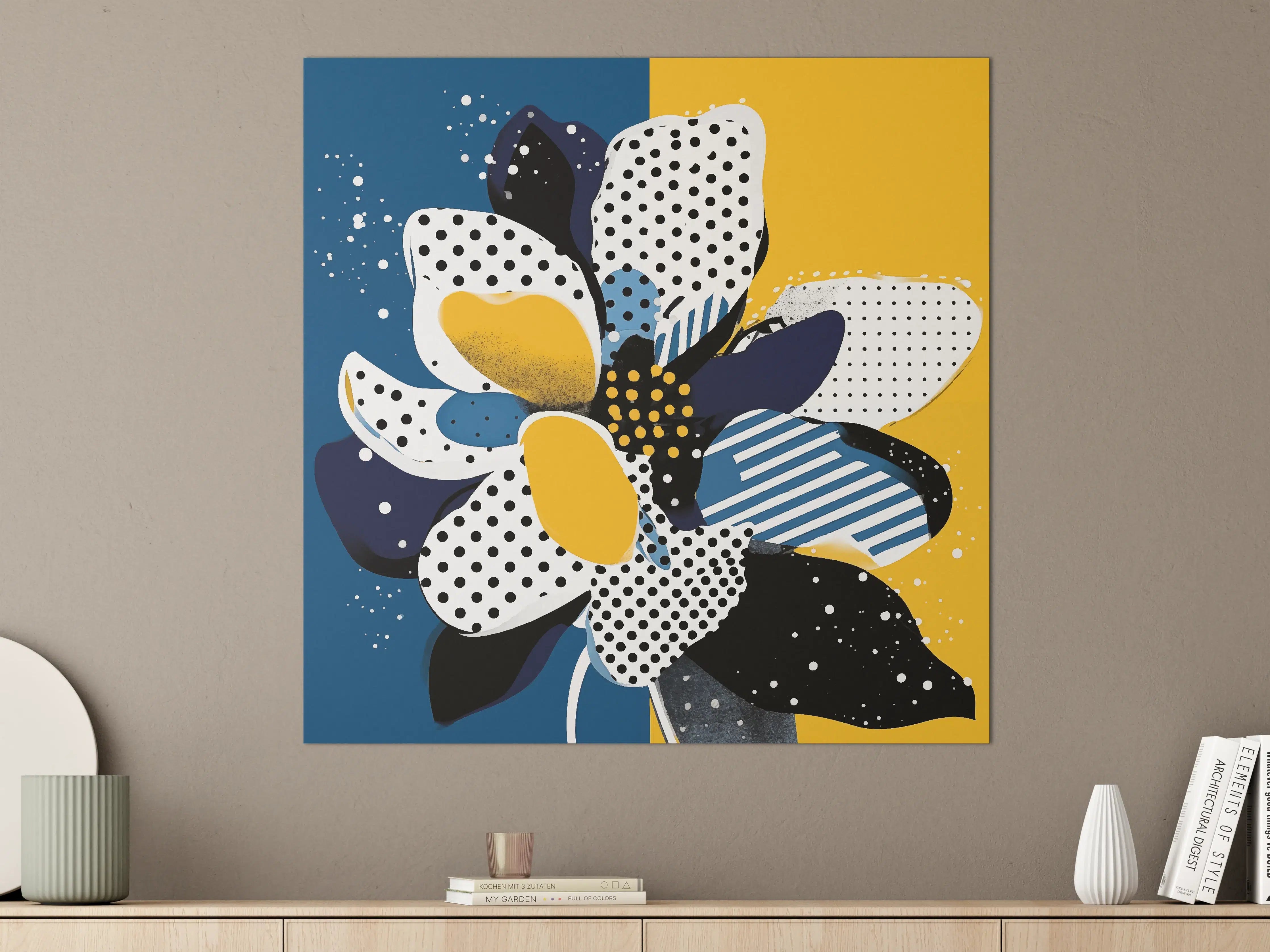 Große Wandbilder - Moderne Blumenillustration in Blau, Weiß und Gelb
