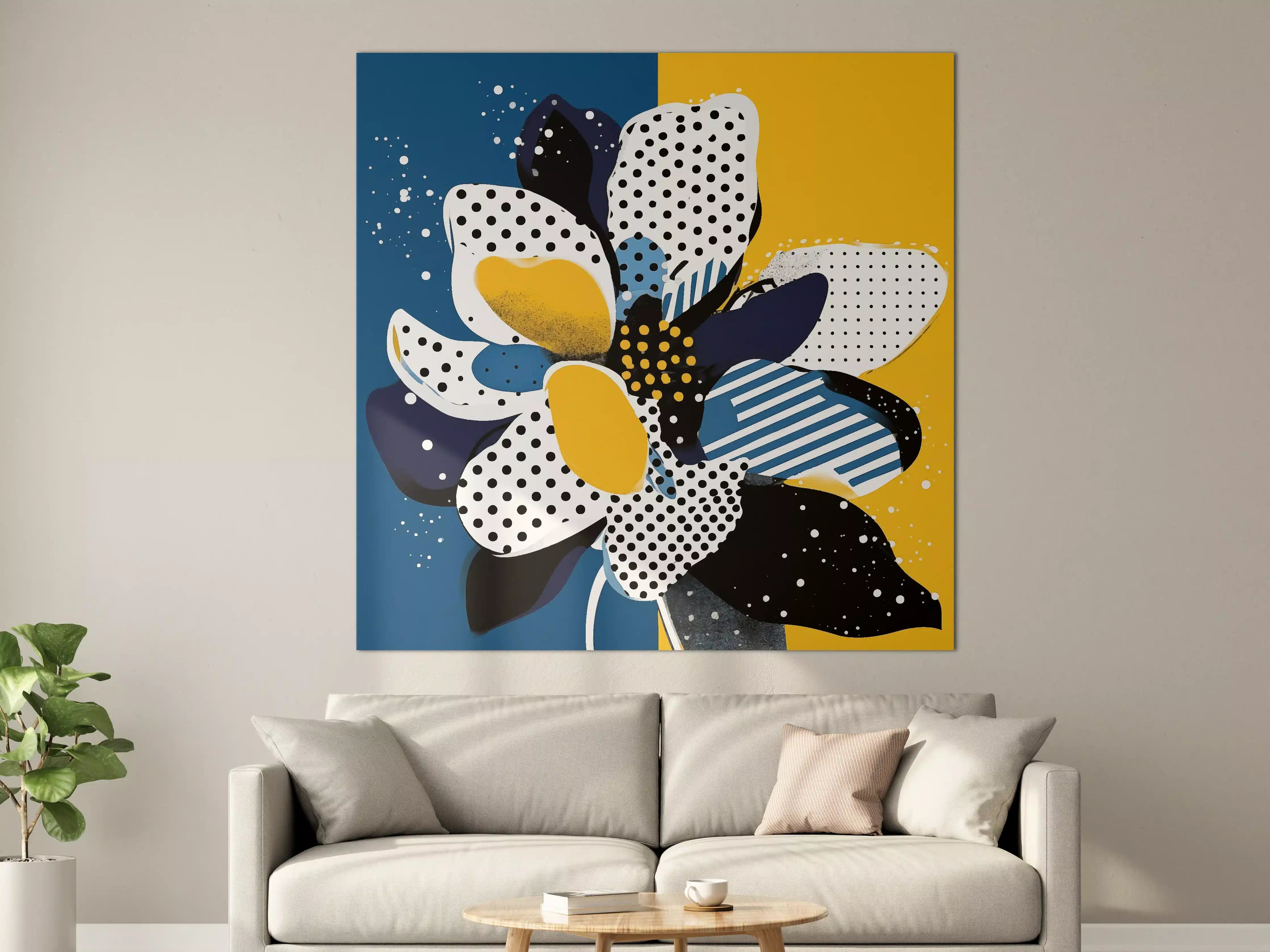 Große Wandbilder - Moderne Blumenillustration in Blau, Weiß und Gelb