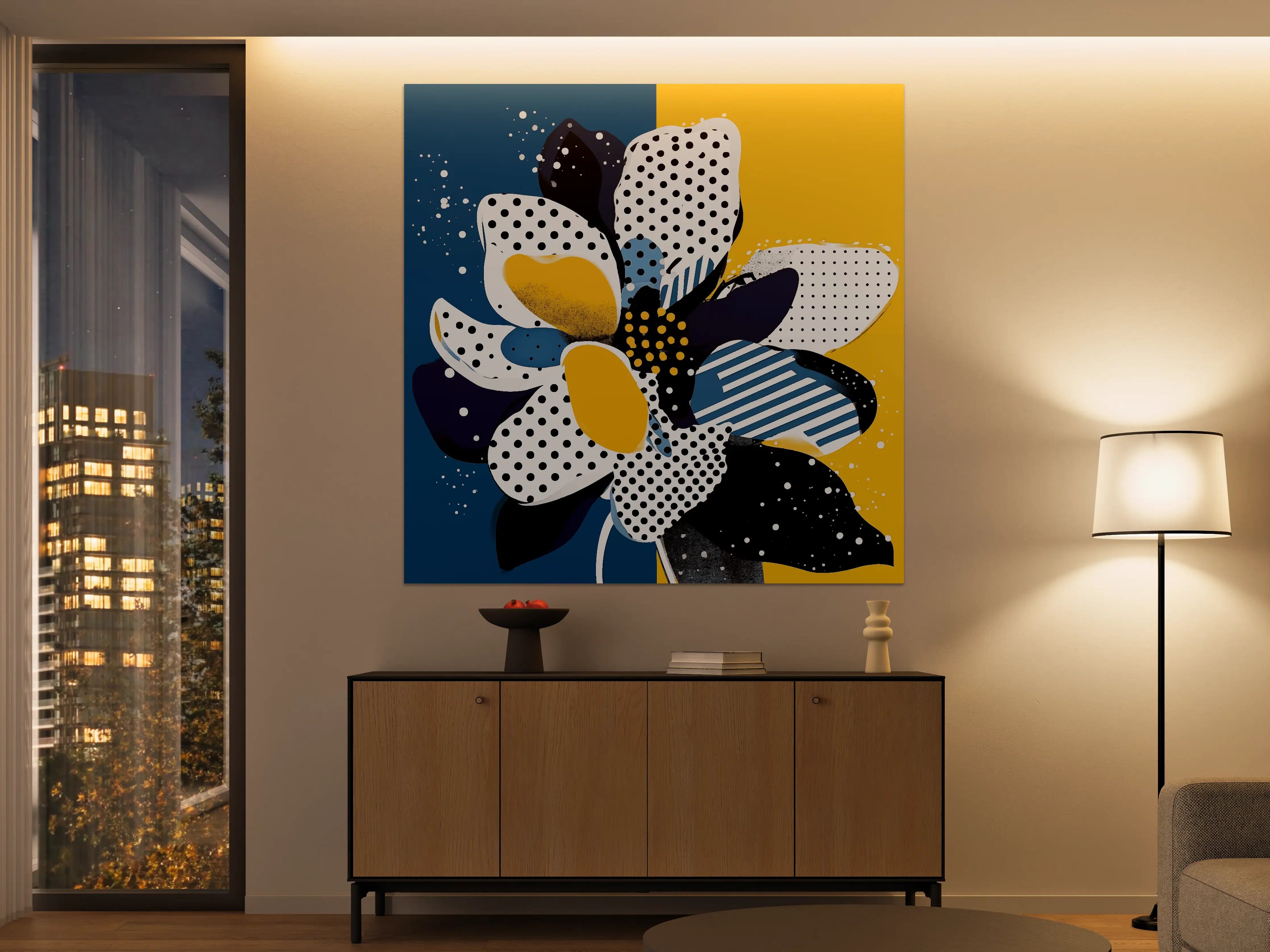 Große Wandbilder - Moderne Blumenillustration in Blau, Weiß und Gelb