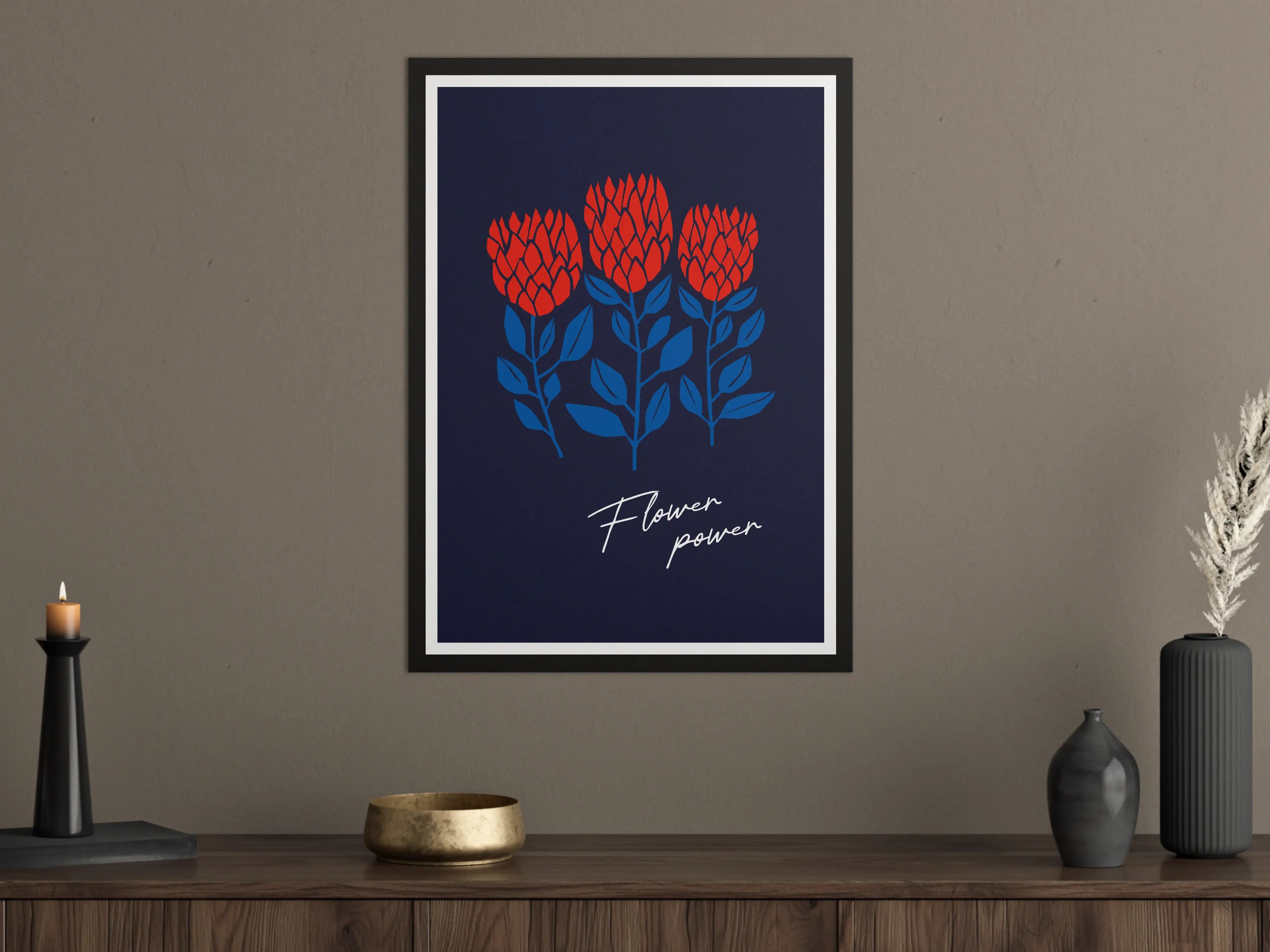 Große Wandbilder - Moderne Blumenillustration in Rot und Blau