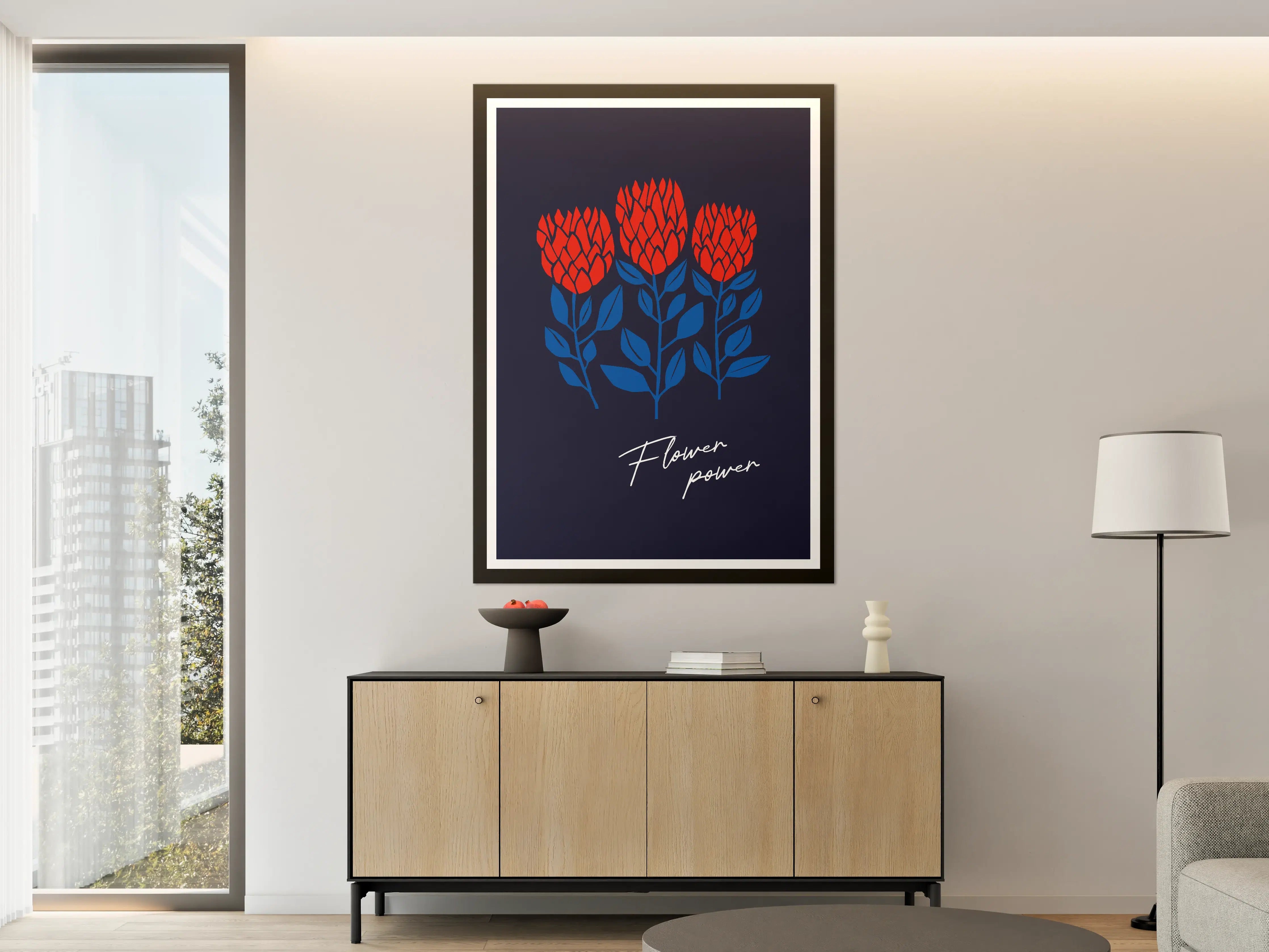 Große Wandbilder - Moderne Blumenillustration in Rot und Blau