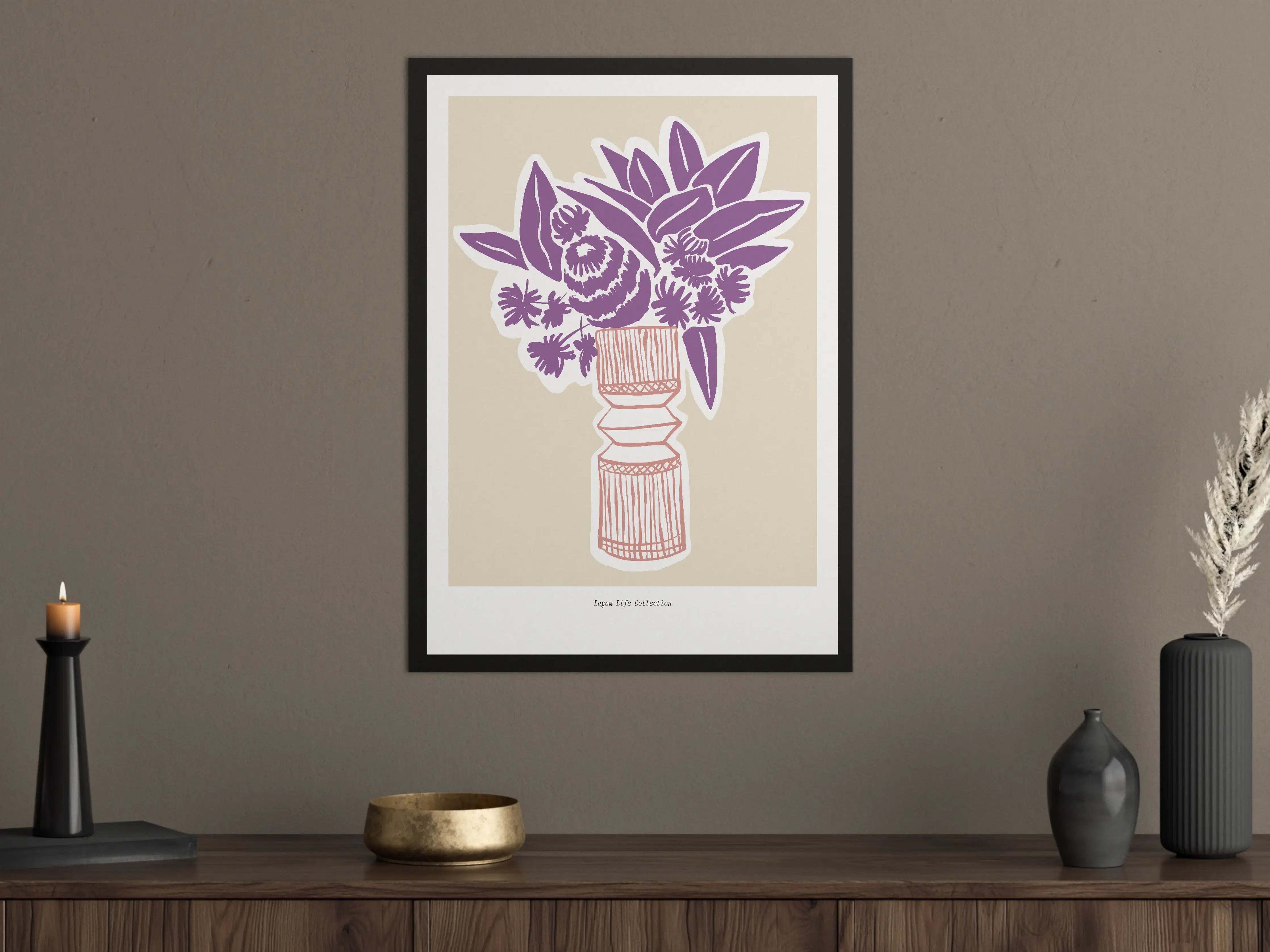 Große Wandbilder - Moderne Blumenillustration in Violett auf Creme