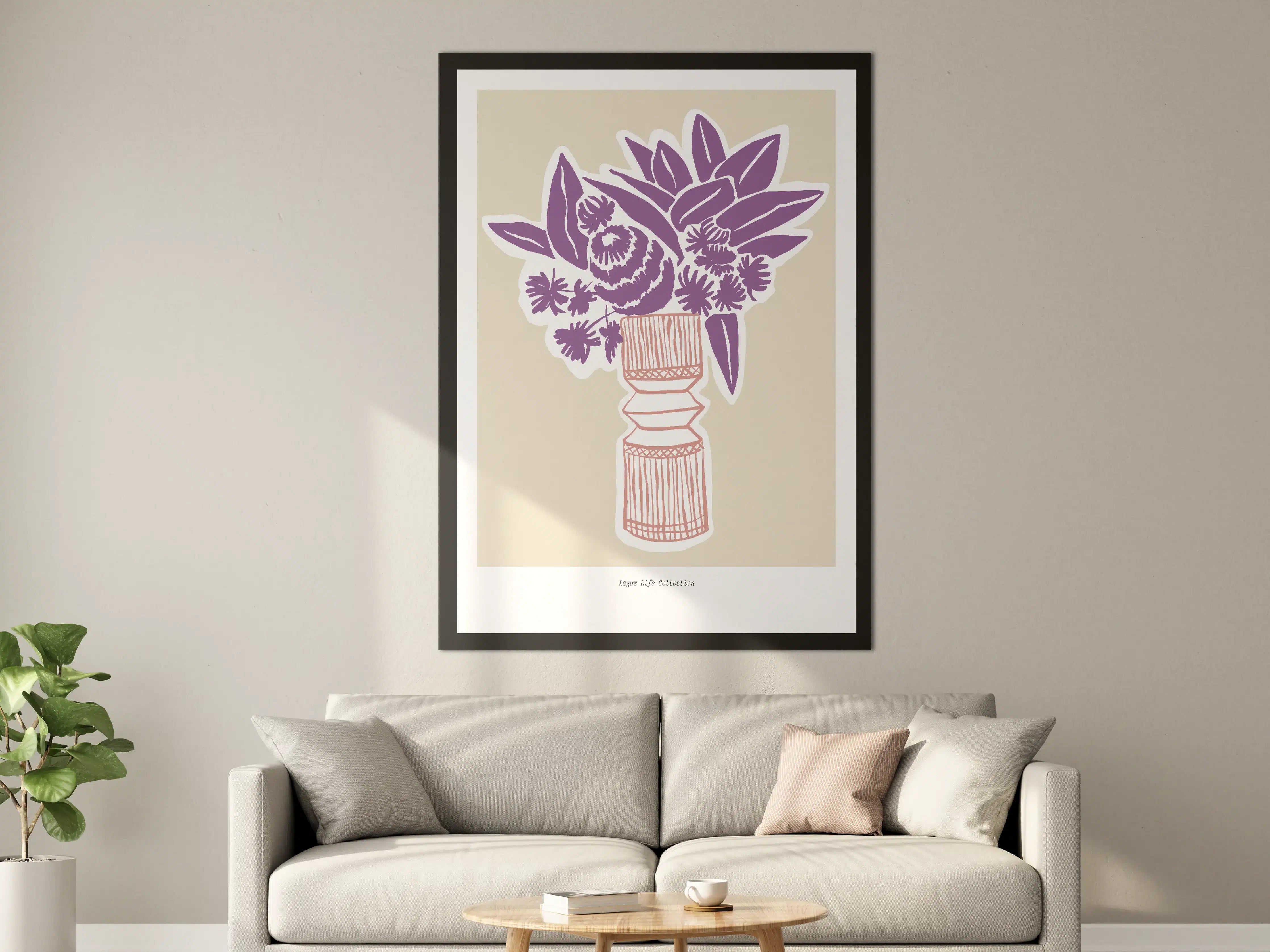Große Wandbilder - Moderne Blumenillustration in Violett auf Creme