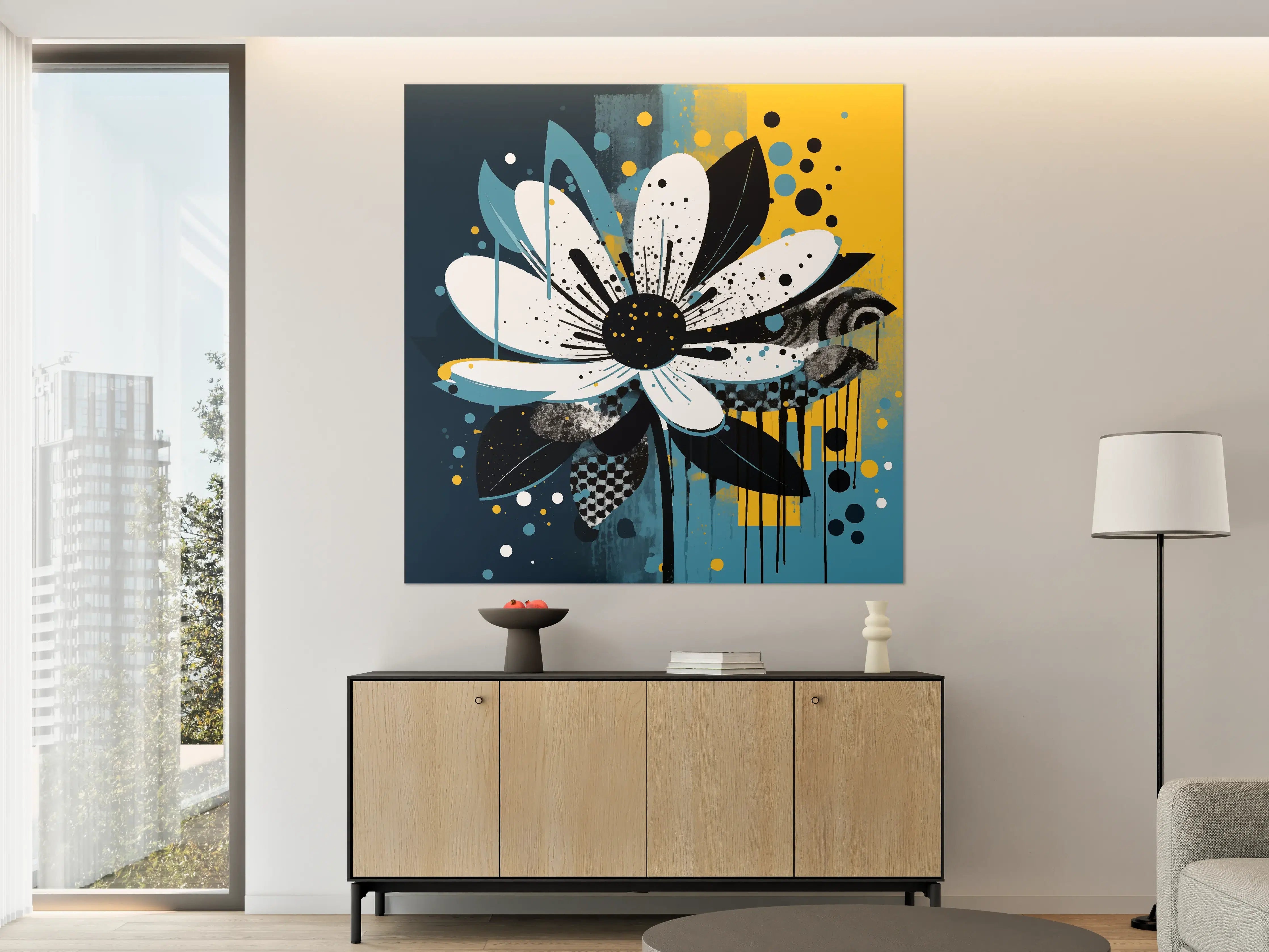 Große Wandbilder - Moderne Blumenkunst mit blauen, schwarzen und weißen Akzenten