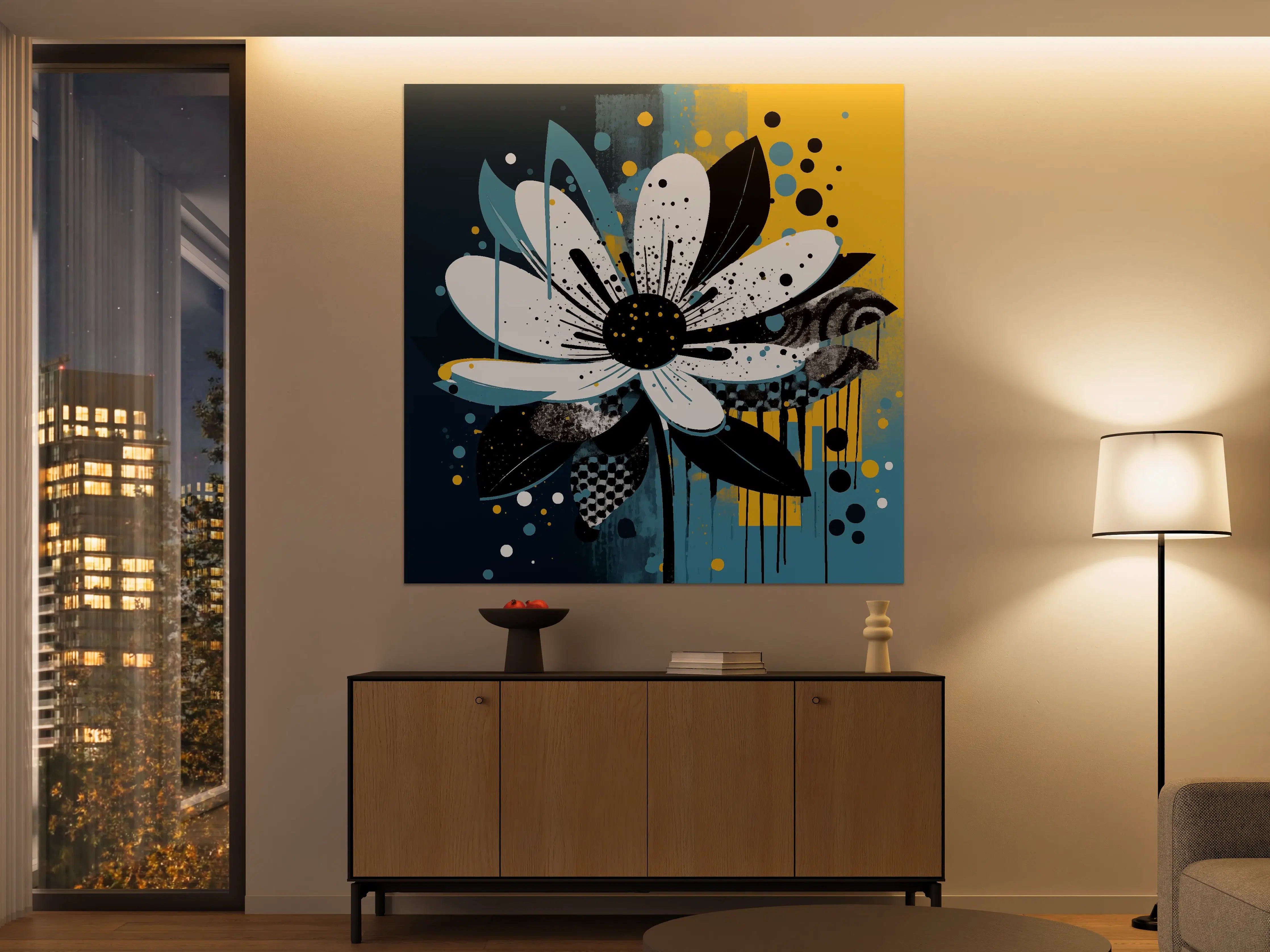 Große Wandbilder - Moderne Blumenkunst mit blauen, schwarzen und weißen Akzenten