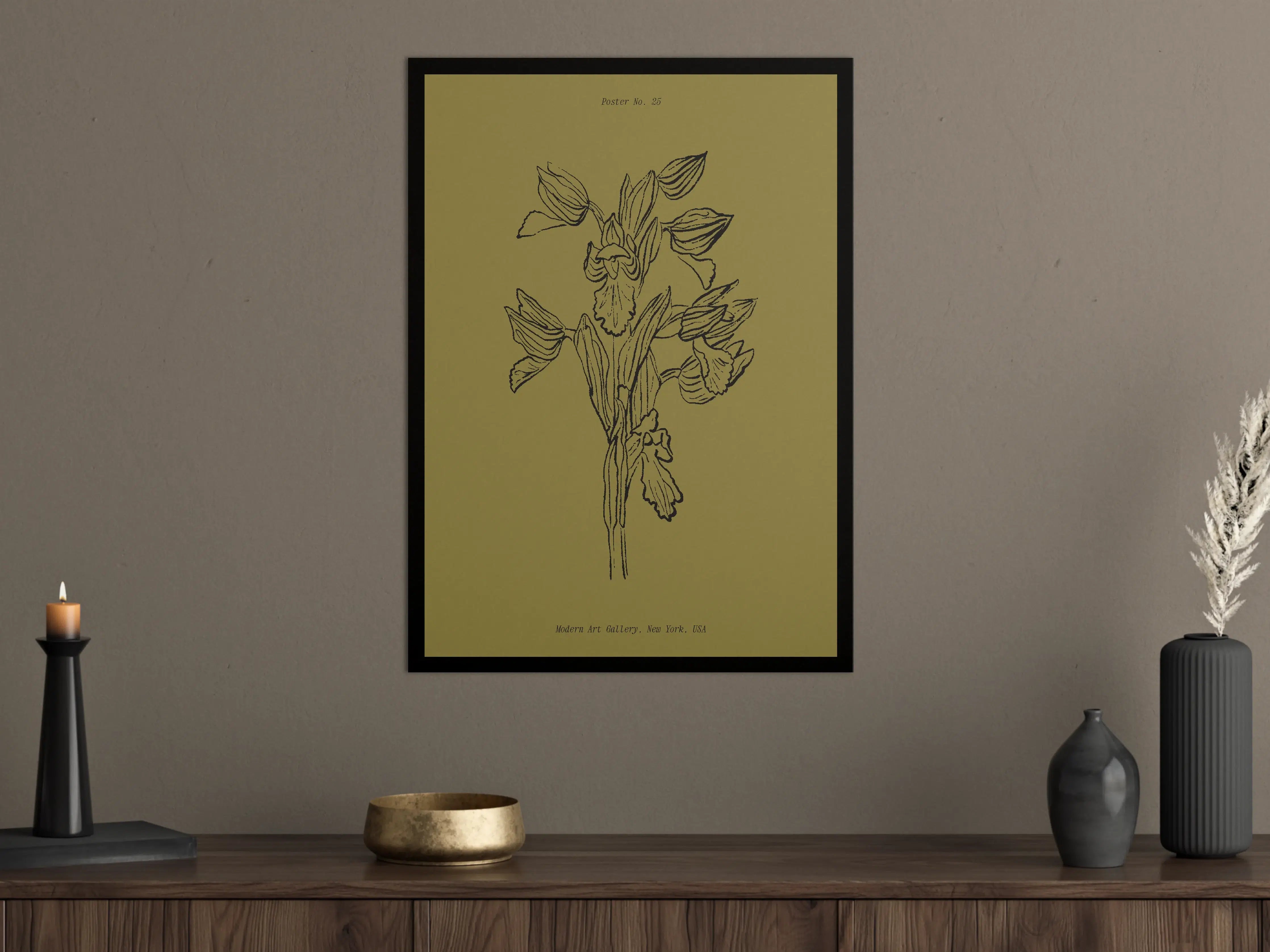 Große Wandbilder - Moderne Blumenzeichnung auf Olivegrün