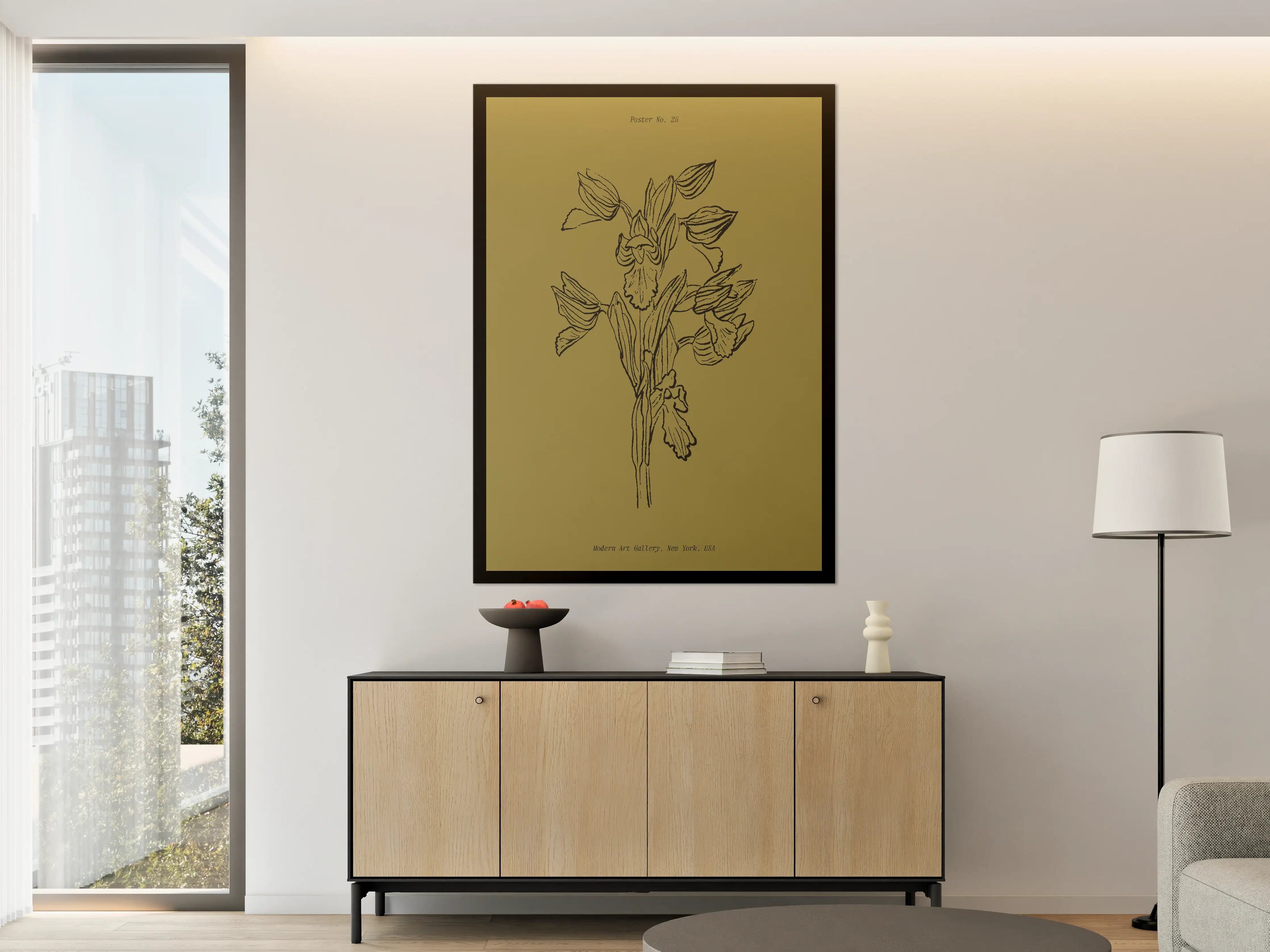 Große Wandbilder - Moderne Blumenzeichnung auf Olivegrün