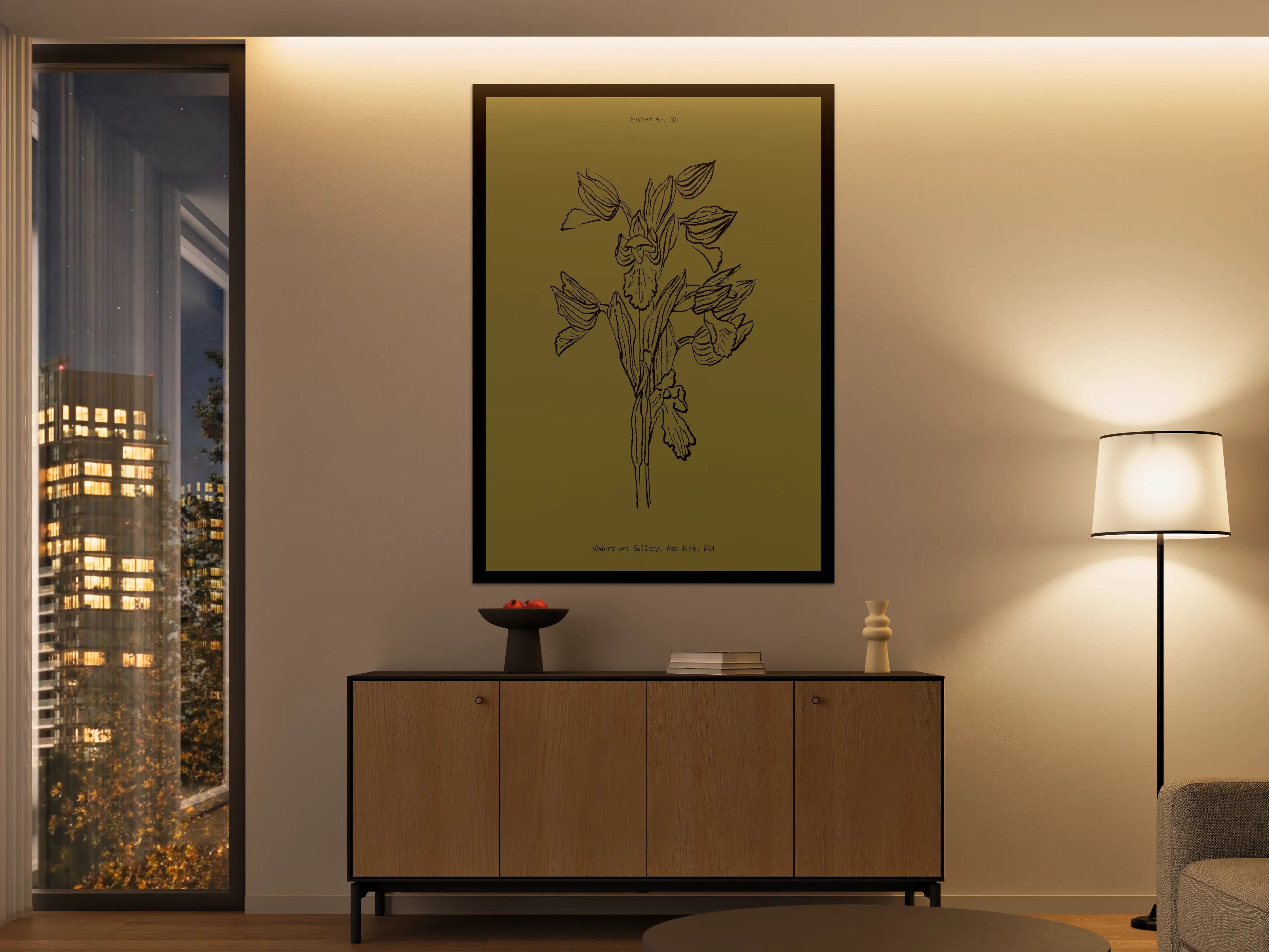Große Wandbilder - Moderne Blumenzeichnung auf Olivegrün