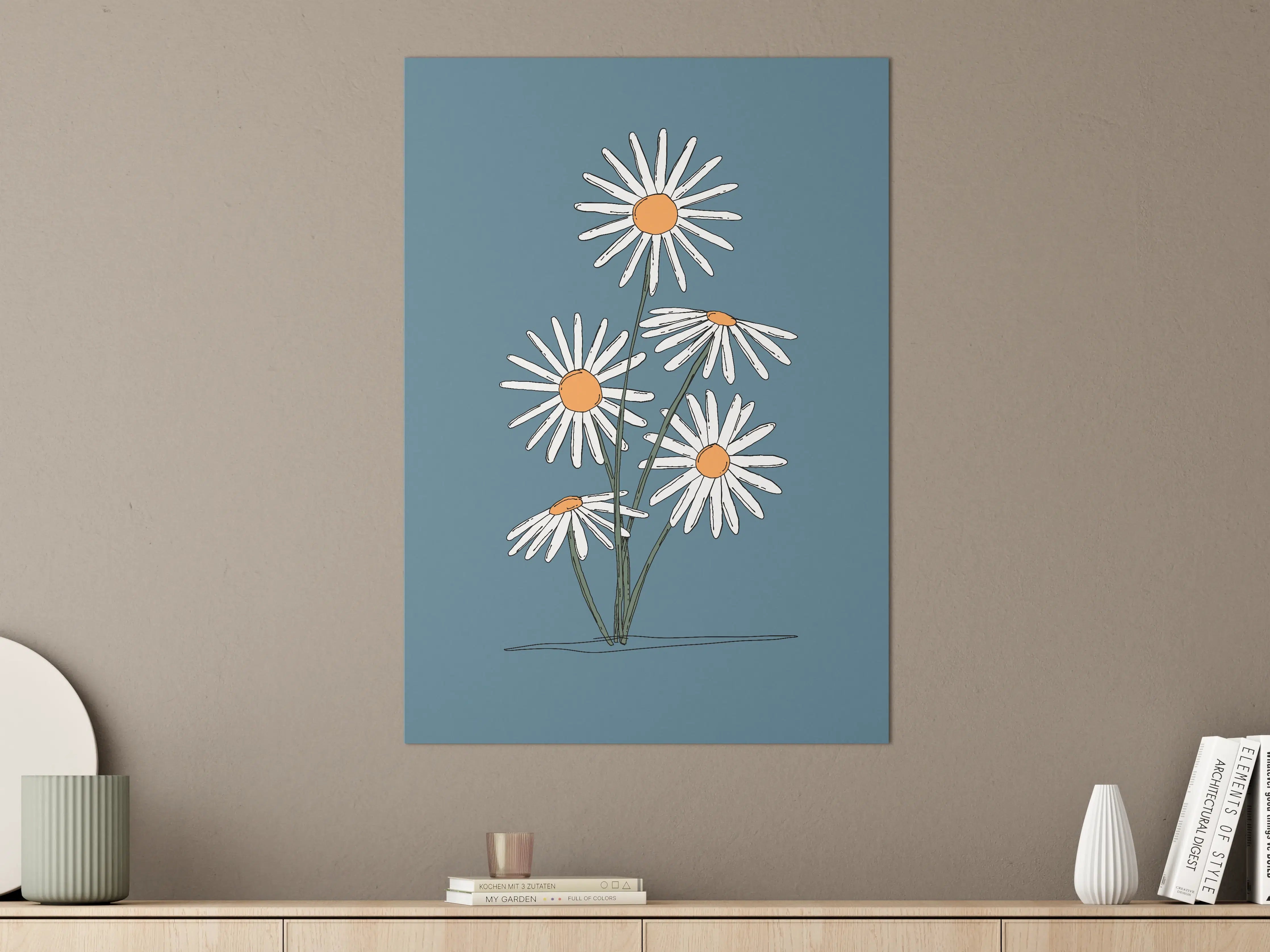 Große Wandbilder - Moderne Gerbera Blumenzeichnung auf Blau