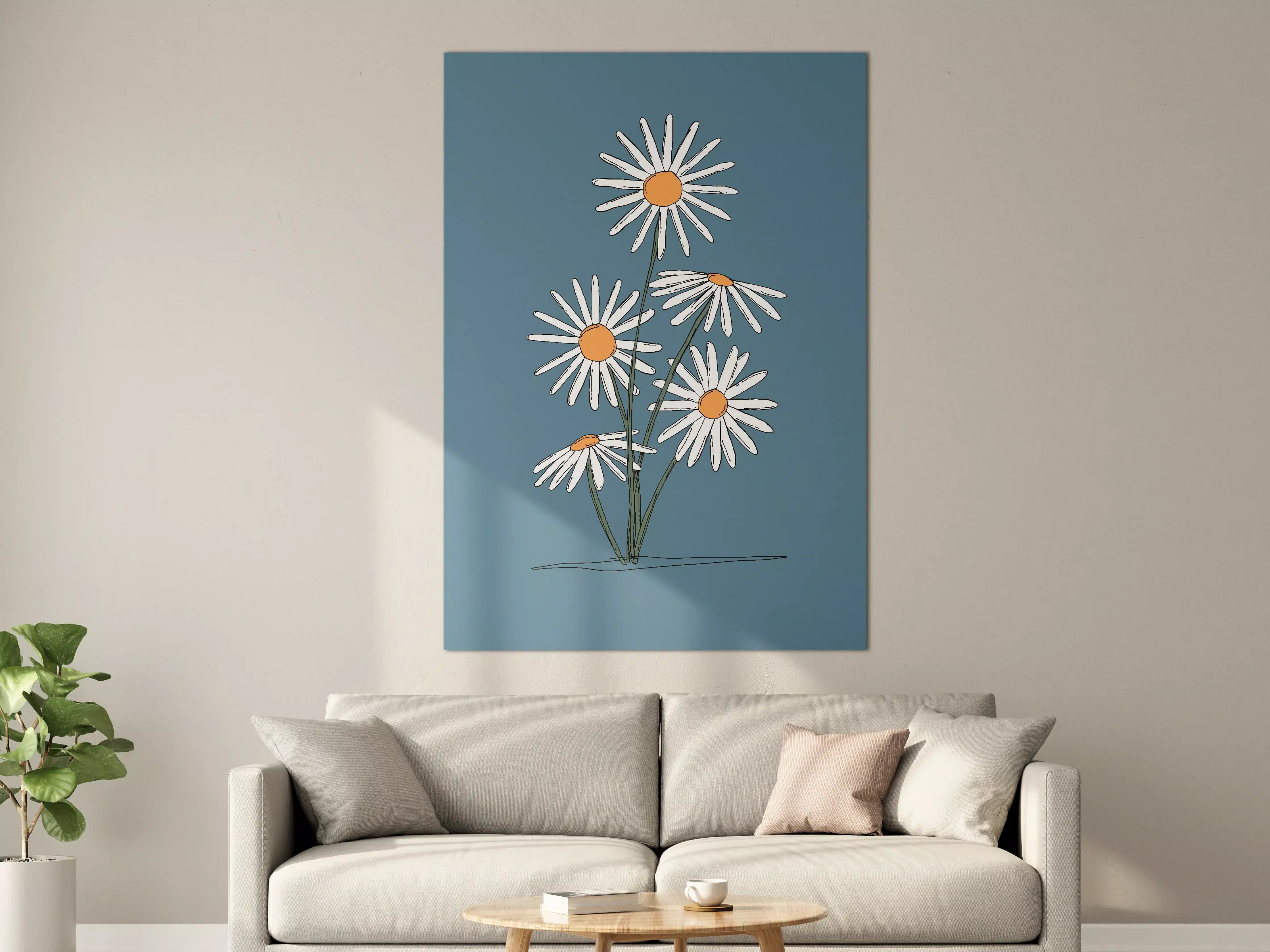 Große Wandbilder - Moderne Gerbera Blumenzeichnung auf Blau