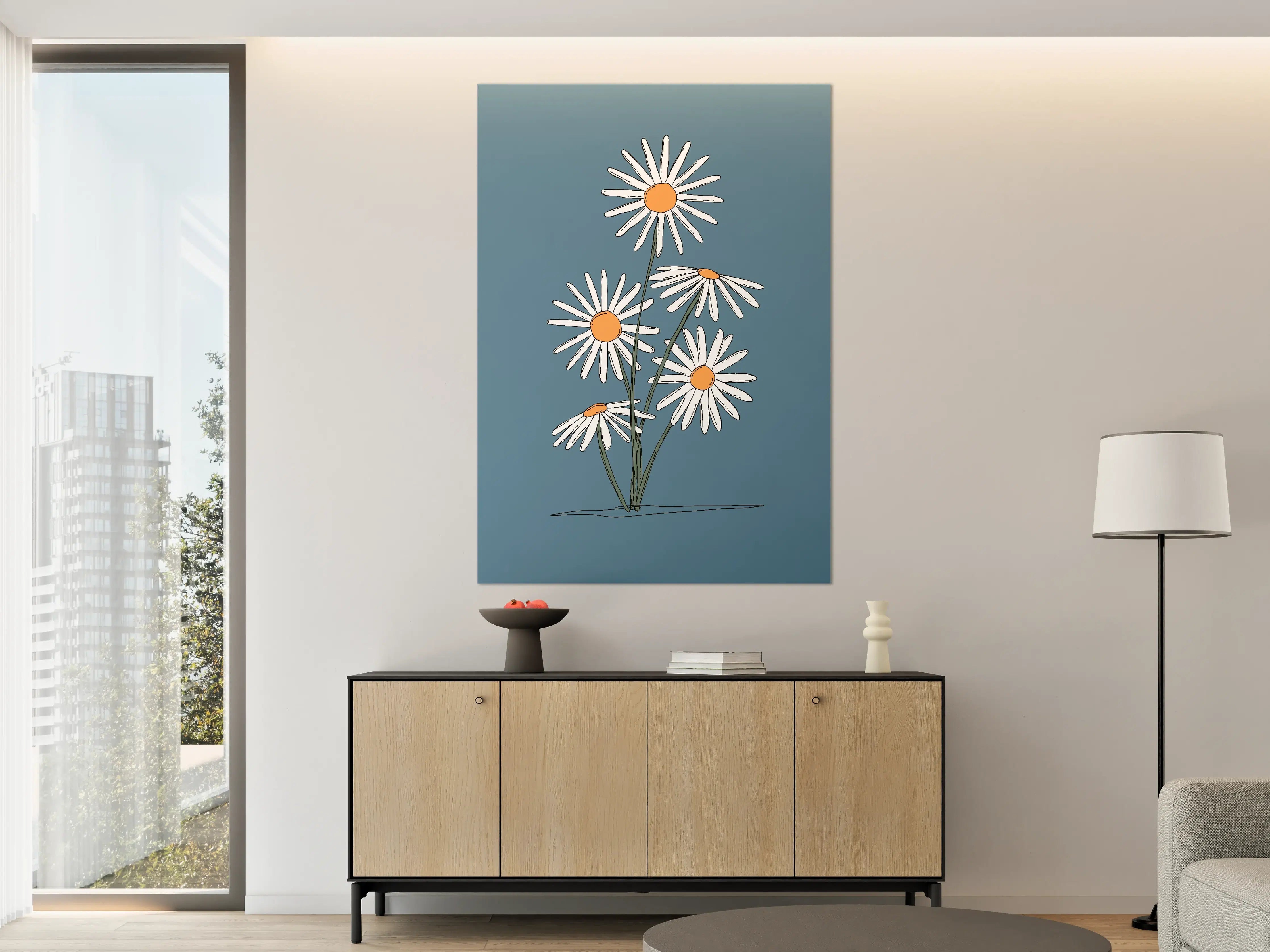 Große Wandbilder - Moderne Gerbera Blumenzeichnung auf Blau