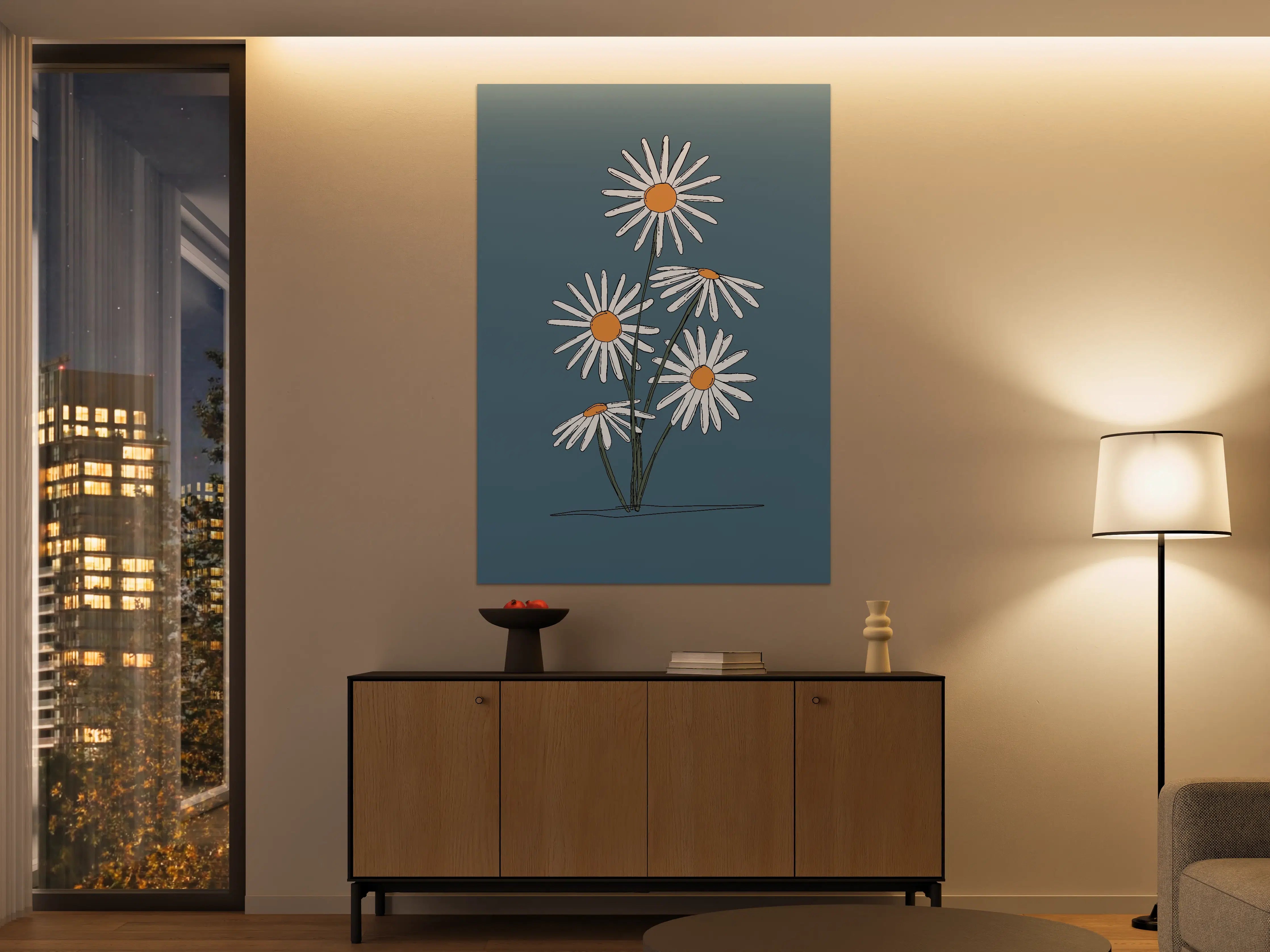 Große Wandbilder - Moderne Gerbera Blumenzeichnung auf Blau